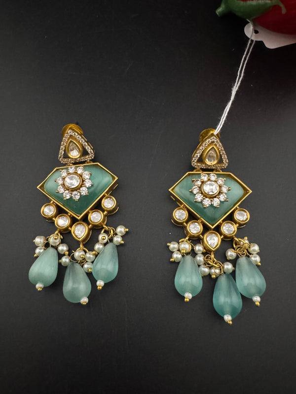 Gold Kundan, CZ, Stone, Pearls Chandelier Drop Earrings, Bridal Designer jewelry