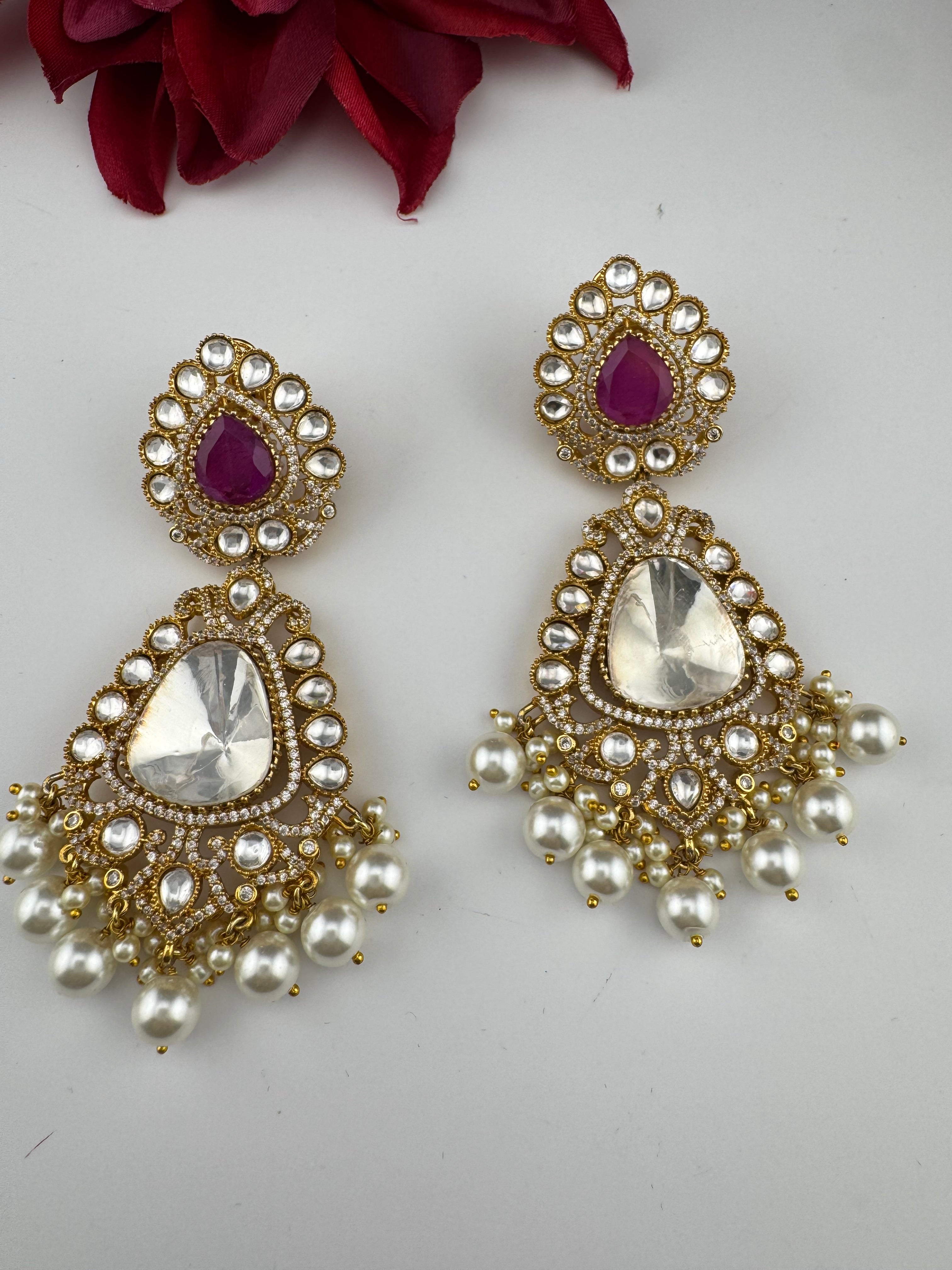 Purple and Gold Kundan, Pearls Chandelier Long Earrings, Bridal, Moissanite, CZ, Designer jewelry