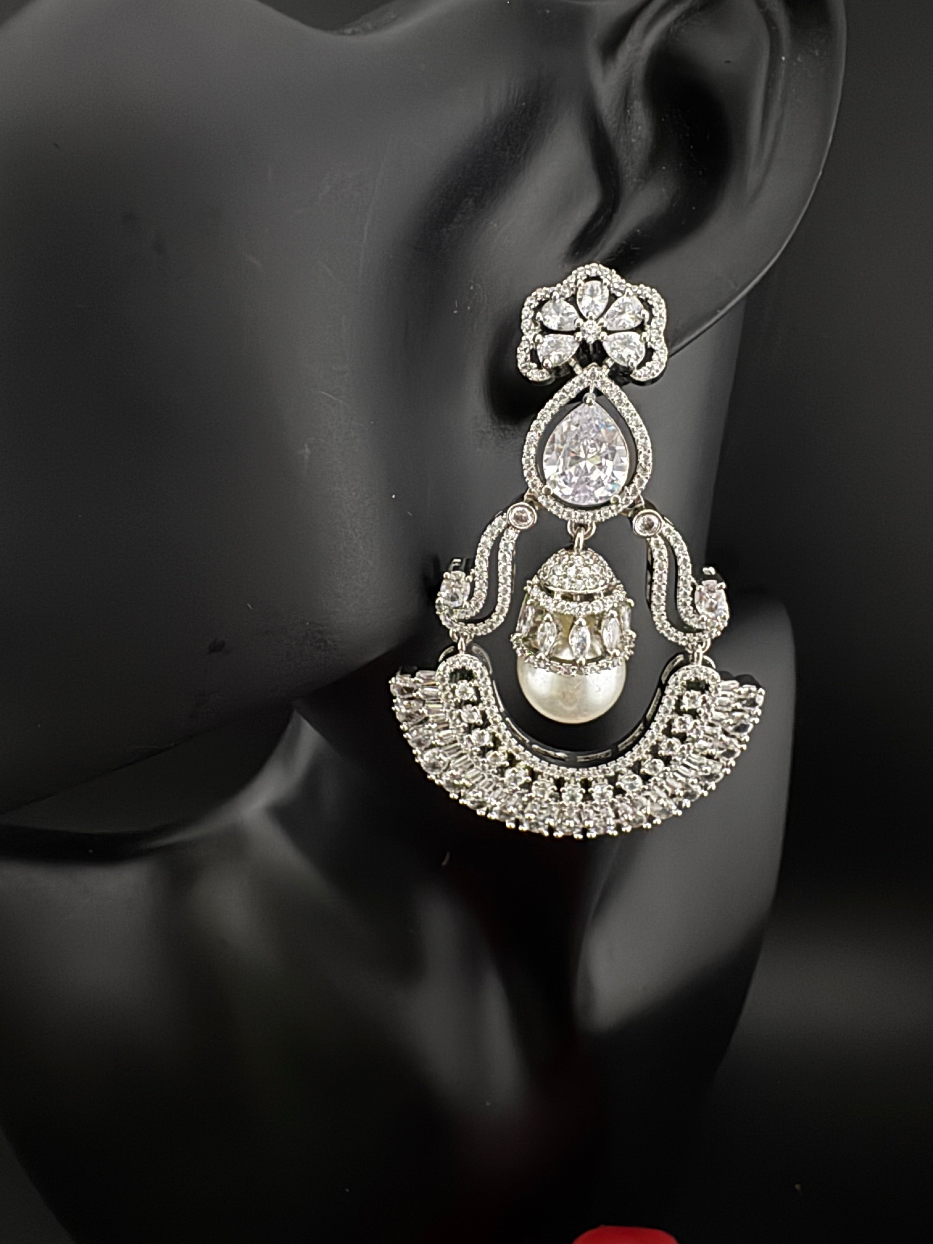 Premium Cubic Zirconia Pearl Chandelier Oversized earrings is designer Inspired, Statement Long earring, Bridal, Party, Wedding jewelry,