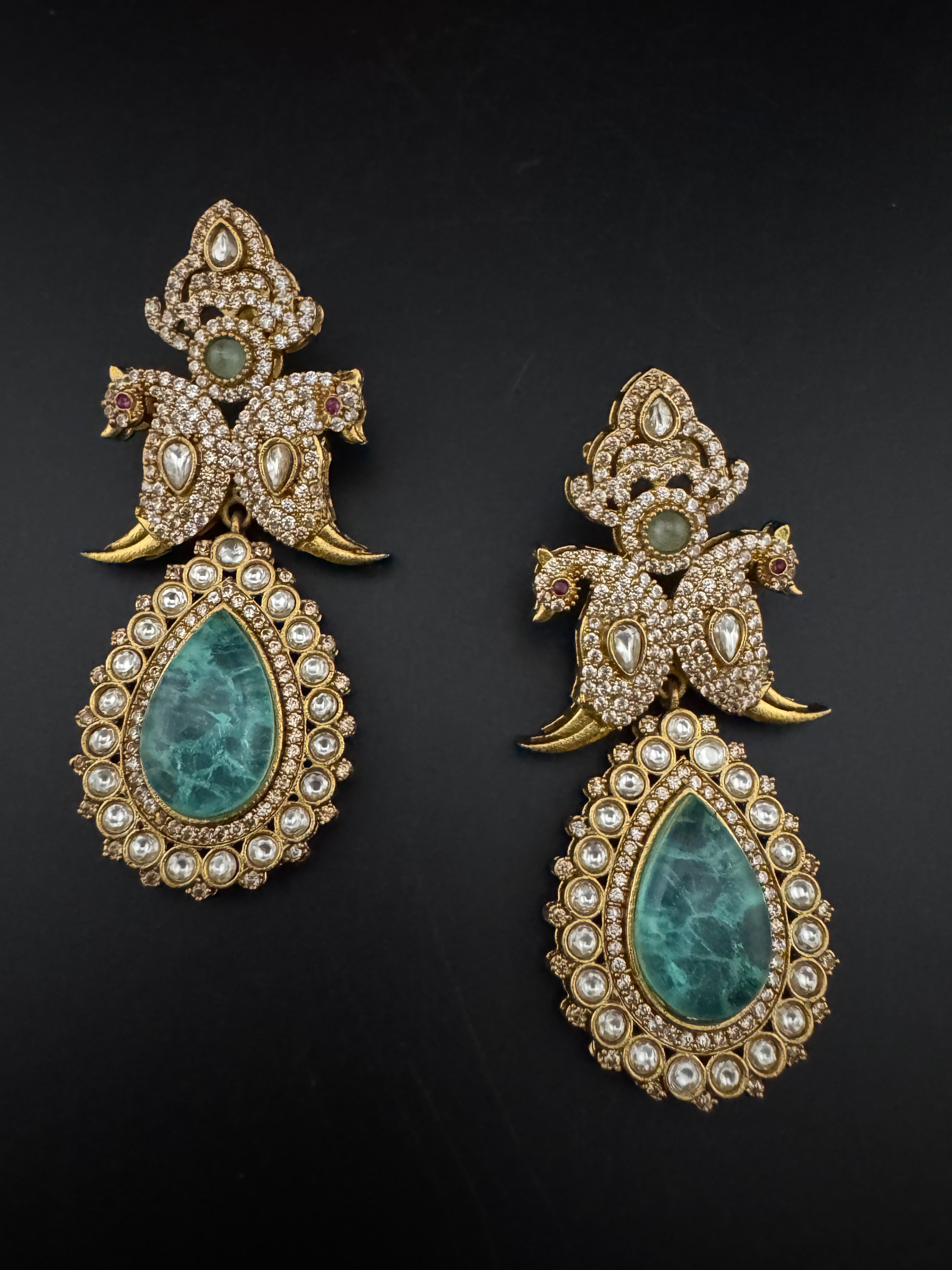 Blue Green and Gold, Doublet Stone Chandelier Long Earrings, Bridal, Moissanite, CZ, Designer jewelry