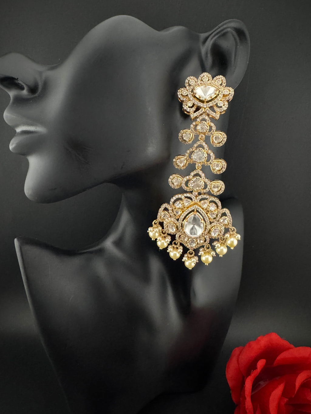 White and Gold Kundan, Pearls Chandelier Long Earrings, Bridal, Moissanite, CZ, Designer jewelry