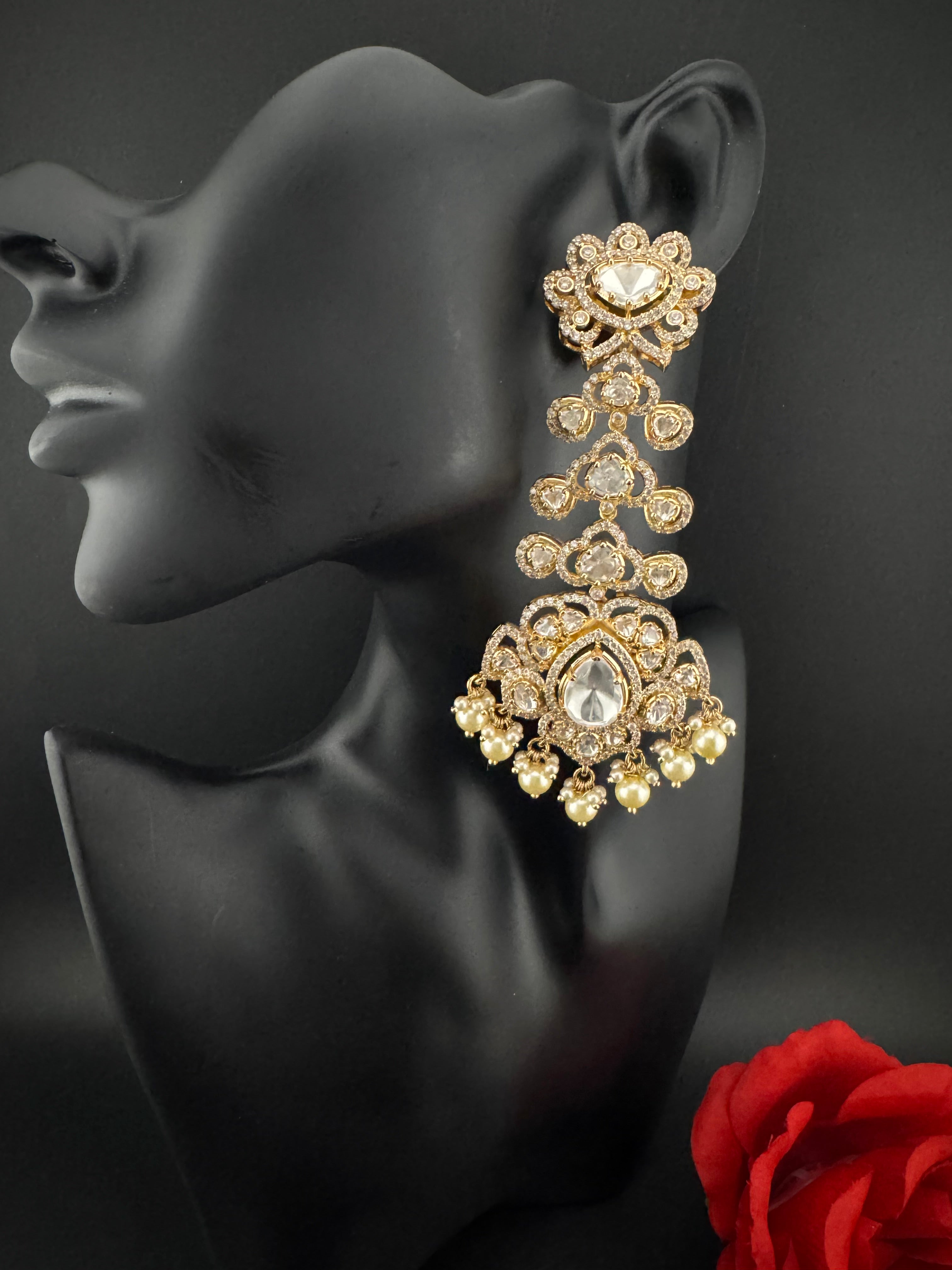 White and Gold Kundan, Pearls Chandelier Long Earrings, Bridal, Moissanite, CZ, Designer jewelry