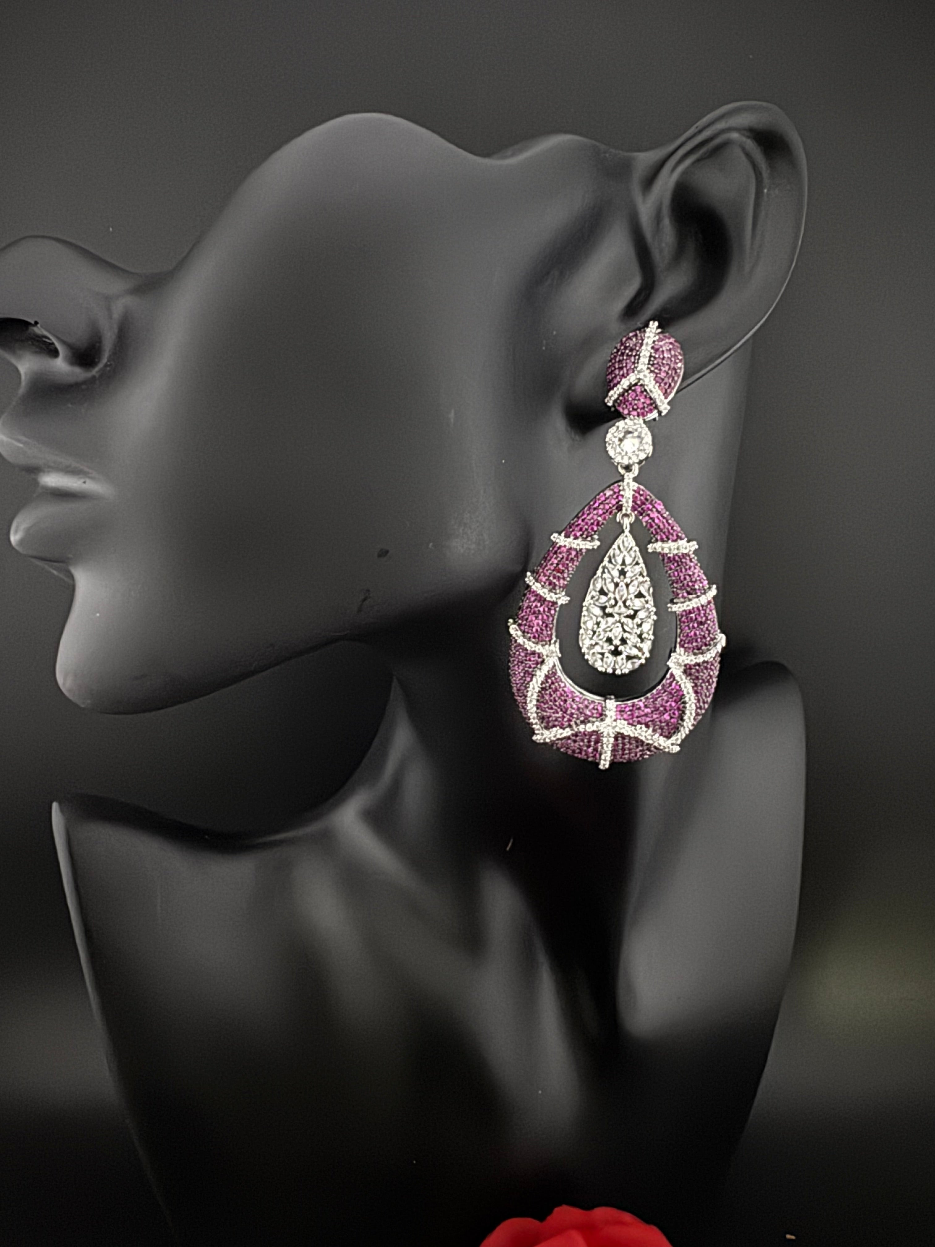 Premium Nano Setting Cubic Zirconia Long earrings in Drop shape, stylish, designer Inspired Statement long earring/Bridal Bridesmaid earring