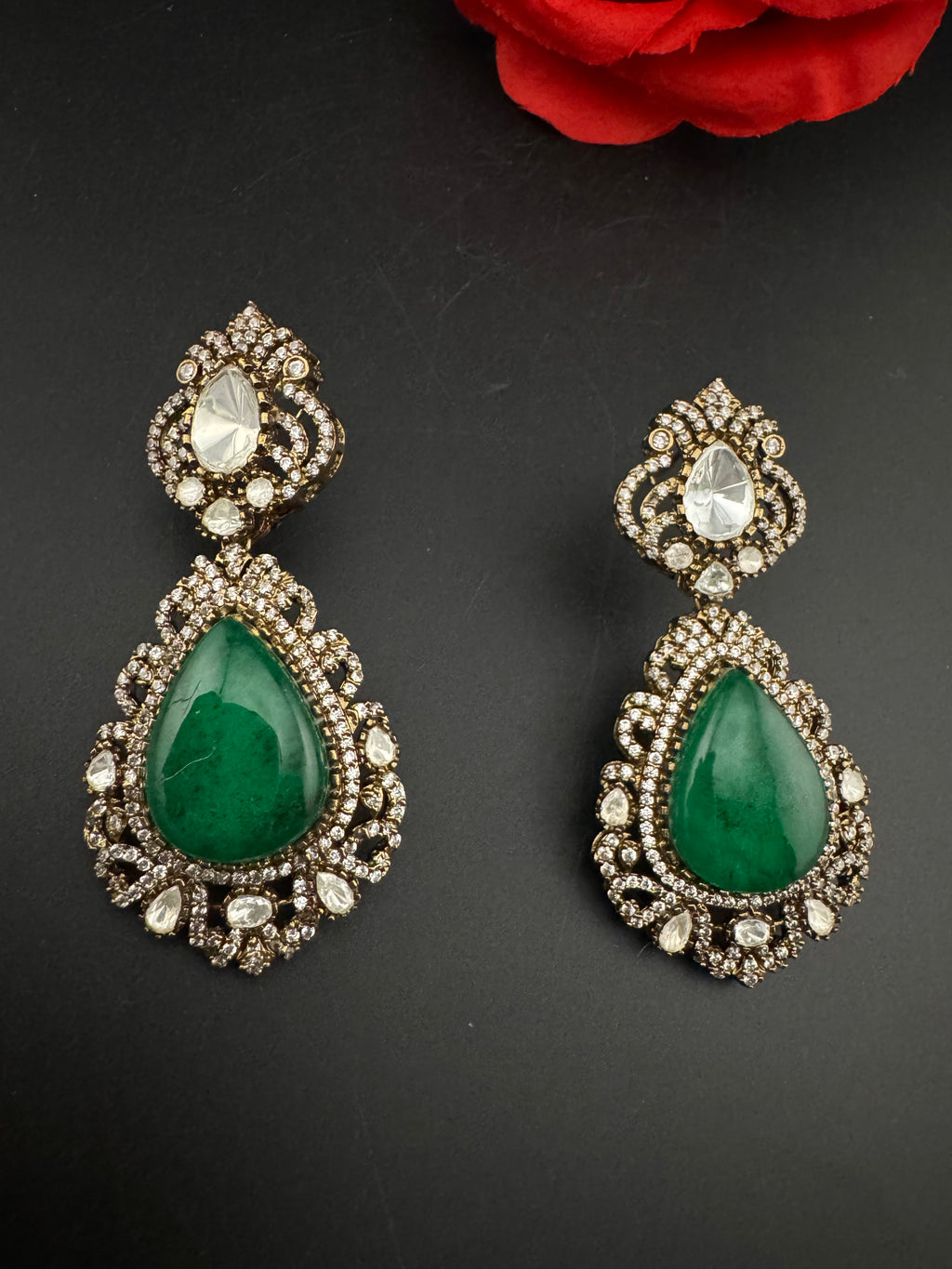 Green and Gold Kundan, Doublet Stone Chandelier Long Earrings, Bridal, Moissanite, CZ, Designer jewelry