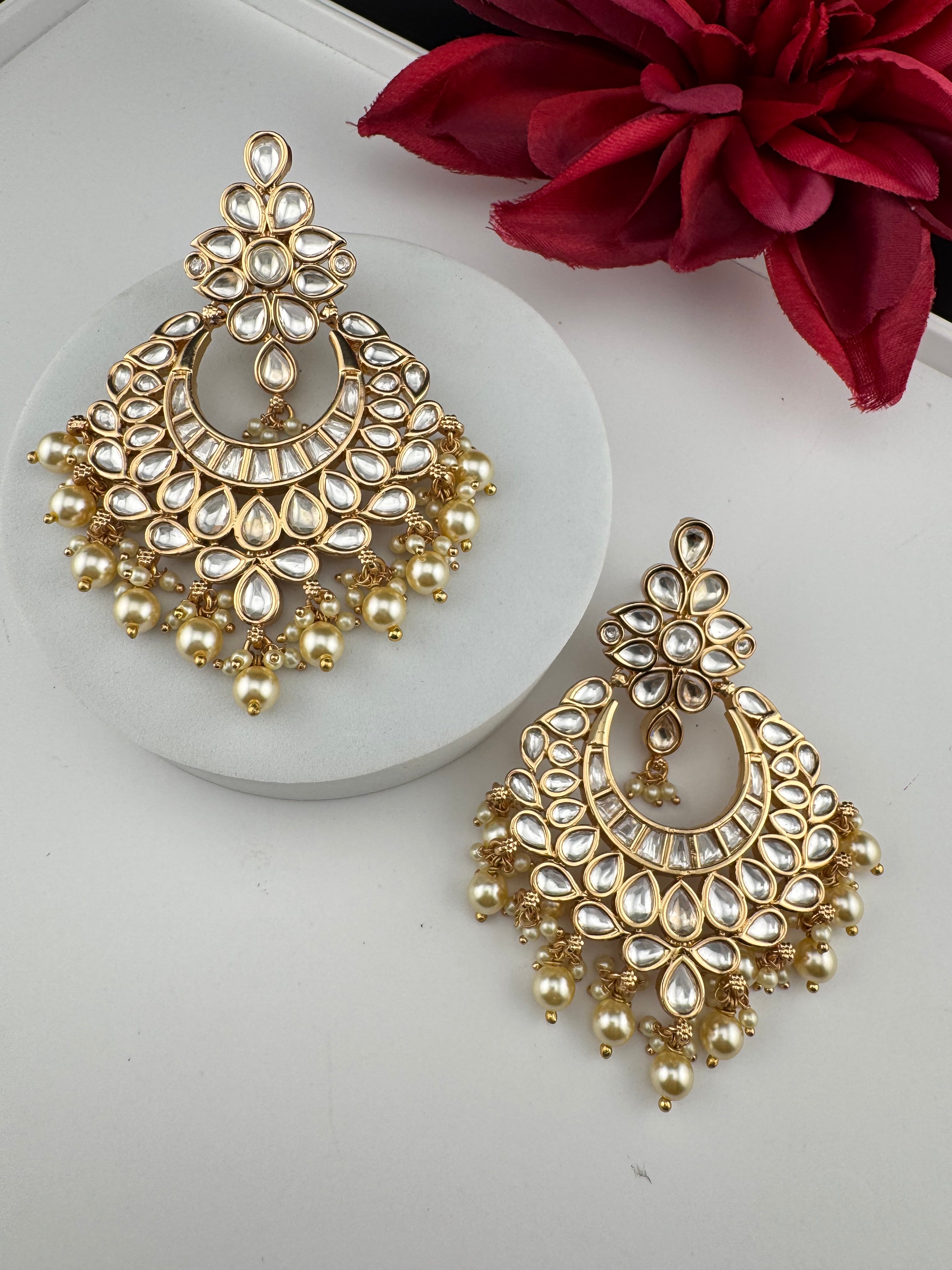 White and Gold Kundan, Pearls Chandelier Earrings, High shine Bridal, Moissanite ,CZ, Designer jewelry