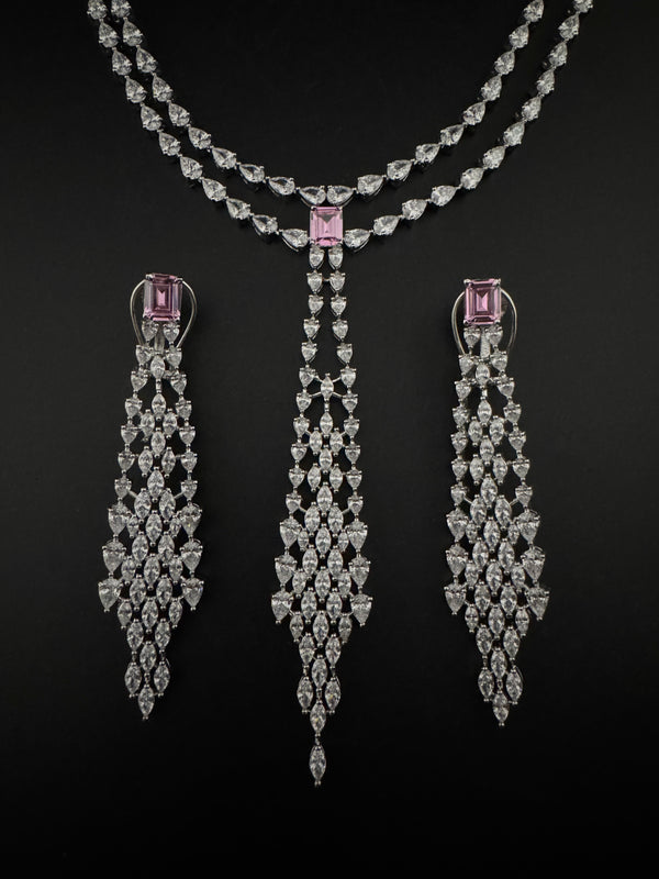 Crystals and CZ Diamond Statement double Layered Necklace Set, White Gold Plated Choker set