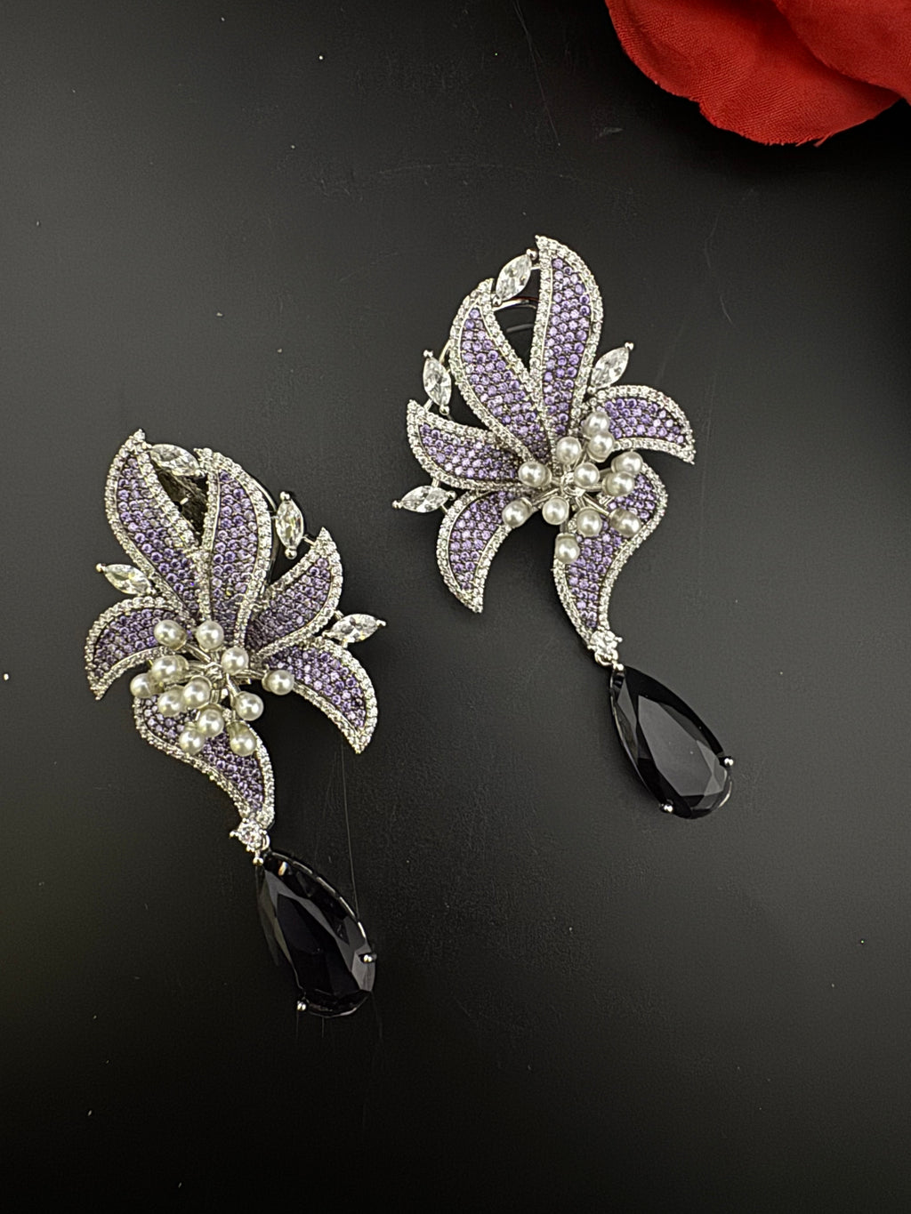 Premium Nano Setting Cubic Zirconia Pearl Oversized Studs earrings in leaf shape, stylish, designer Statement Big earring/Bridal Bridesmaid