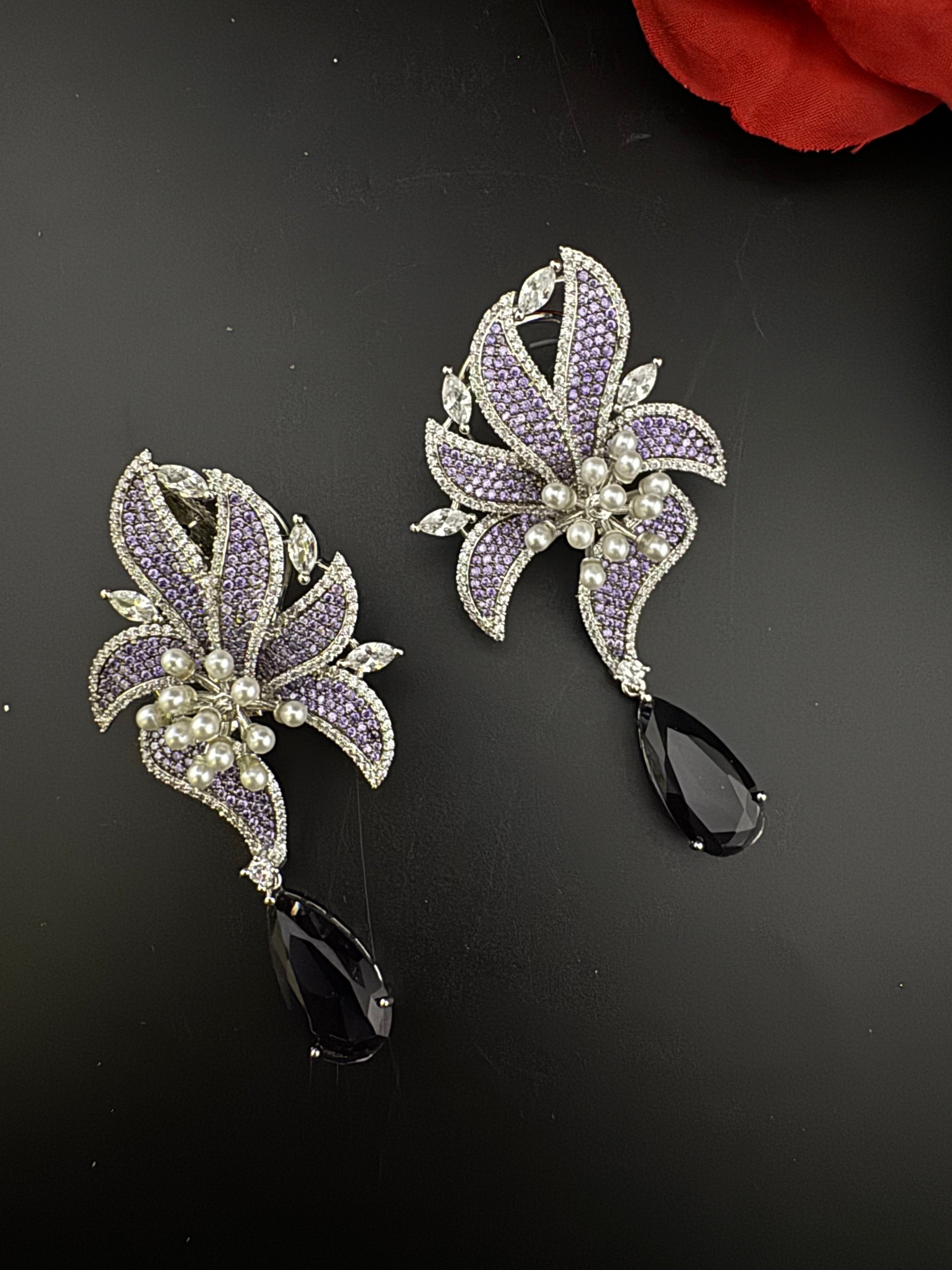 Premium Nano Setting Cubic Zirconia Pearl Oversized Studs earrings in leaf shape, stylish, designer Statement Big earring/Bridal Bridesmaid