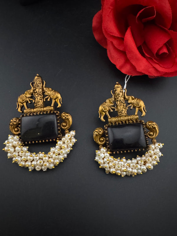 Amrapali inspired Matt Gold, Stone, pearls, Chandbali Earrings, designer jewelry