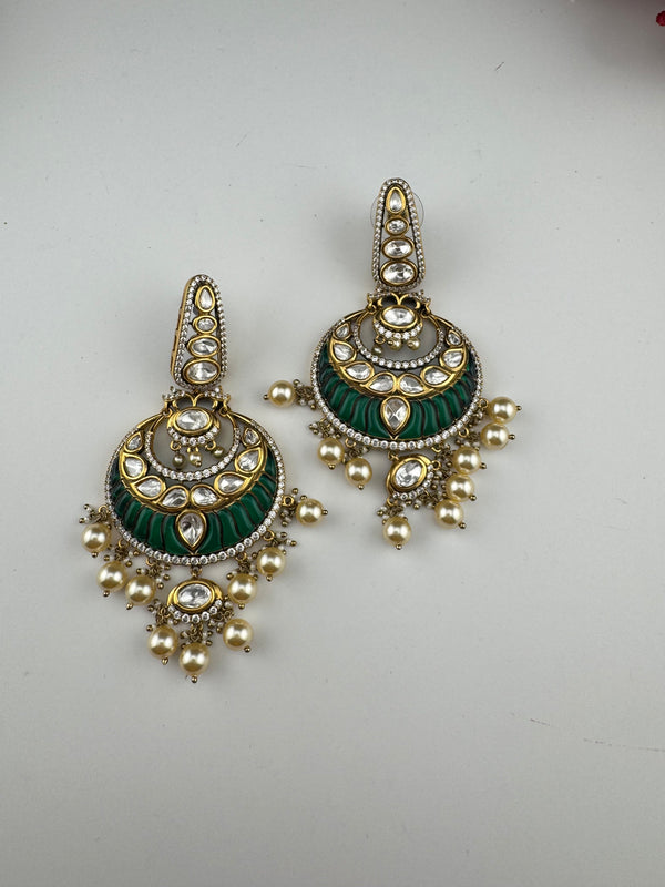Green and Gold, pacchi Kundan, Pearls Chandelier Long Earrings, Bridal, Moissanite, CZ, Designer jewelry
