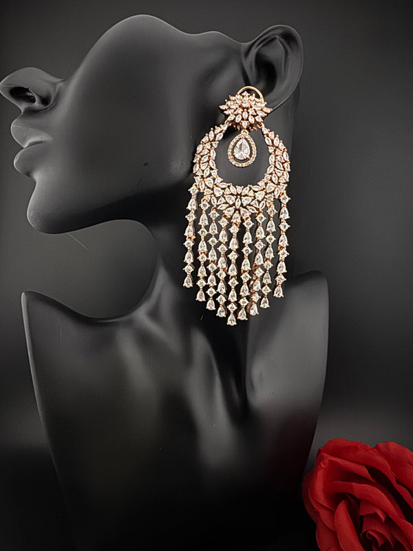 Premium Cubic Zirconia Chandelier Oversized earrings is designer Inspired, Statement Long earring, Bridal, Party, Wedding jewelry,