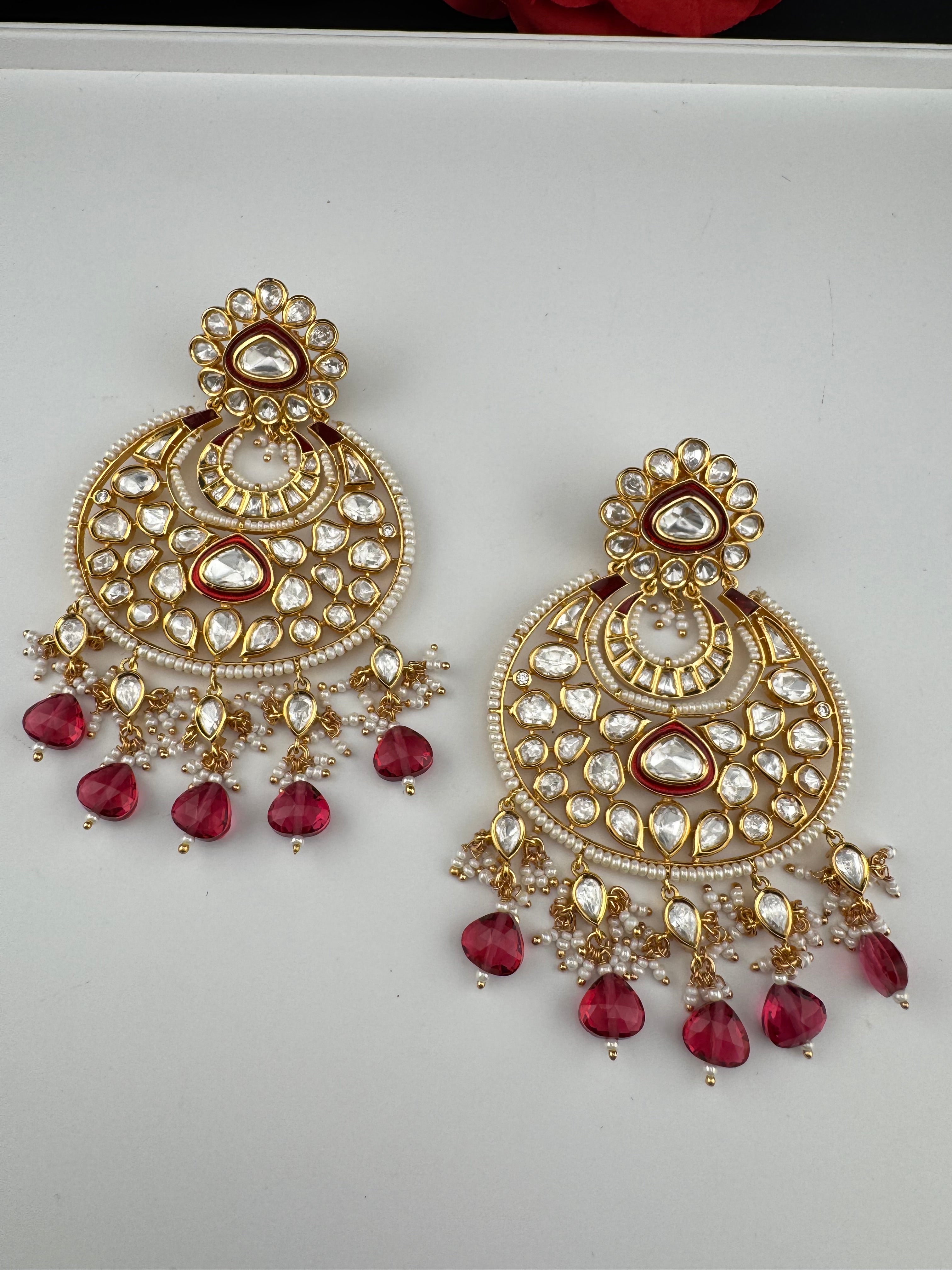 Red and Gold Kundan Chandelier Earrinngs, High shine Bridal Moissanite CZ, Shiney Gold Designer