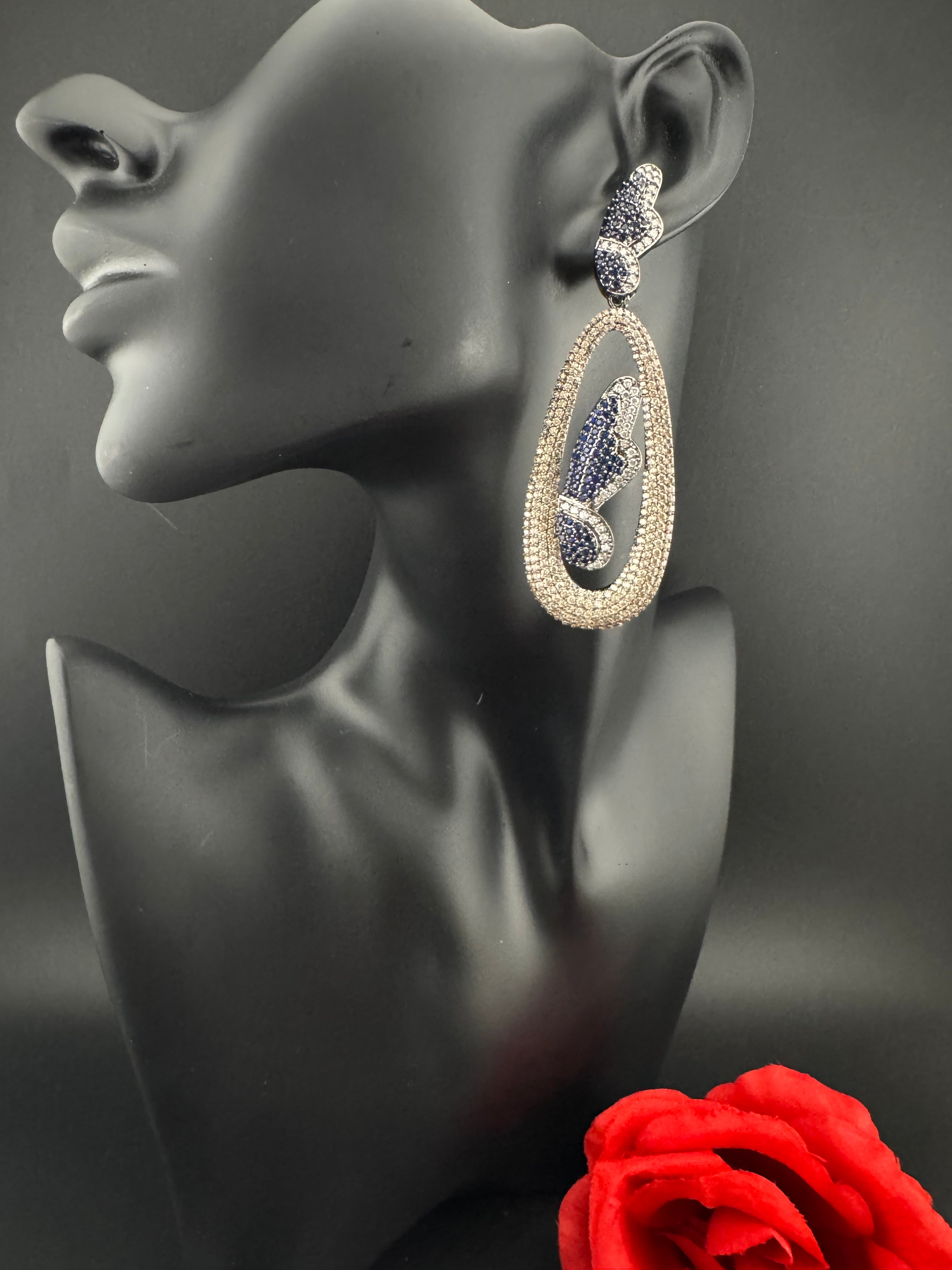 Premium Nano Setting Cubic Zirconia Victorian Long earrings in Butterfly Drop shape, designer Inspired Statement long drop dangle earrings