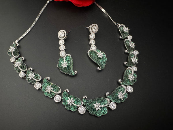 Nano Setting CZ Diamond Statement Green Necklace Set, White Gold Plated Choker, nature inspired
