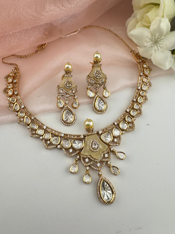 Kundan, Moissanite, MOP, CZ Flexible Gold necklace set, Indian Bridal Jewelry