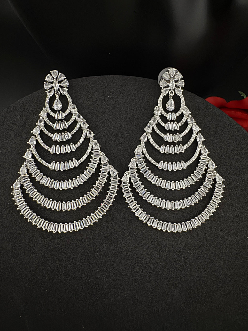 Premium Cubic Zirconia silver Chandelier Oversized earrings is designer Inspired, Statement Long earring, Bridal, Party, Wedding jewelry,