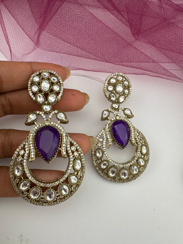 Gold with Doublet stone, kundan, cubic zirconia chandbali Drop Long earrings, Indian Jewelry