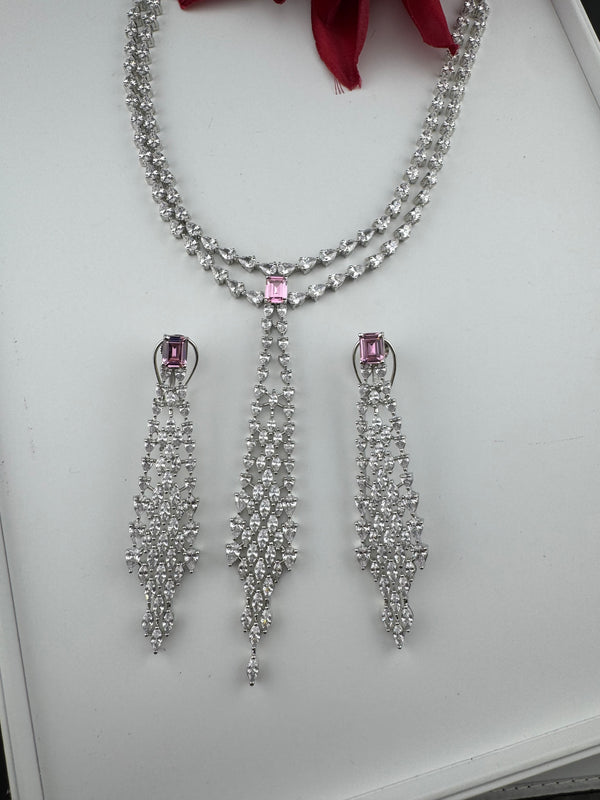 Crystals and CZ Diamond Statement double Layered Necklace Set, White Gold Plated Choker set