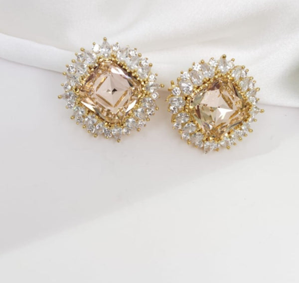 Gold Polish Crystal Stone Stud Earrings, Cubic Zirconia, AD, CZ, Indian Jewelry