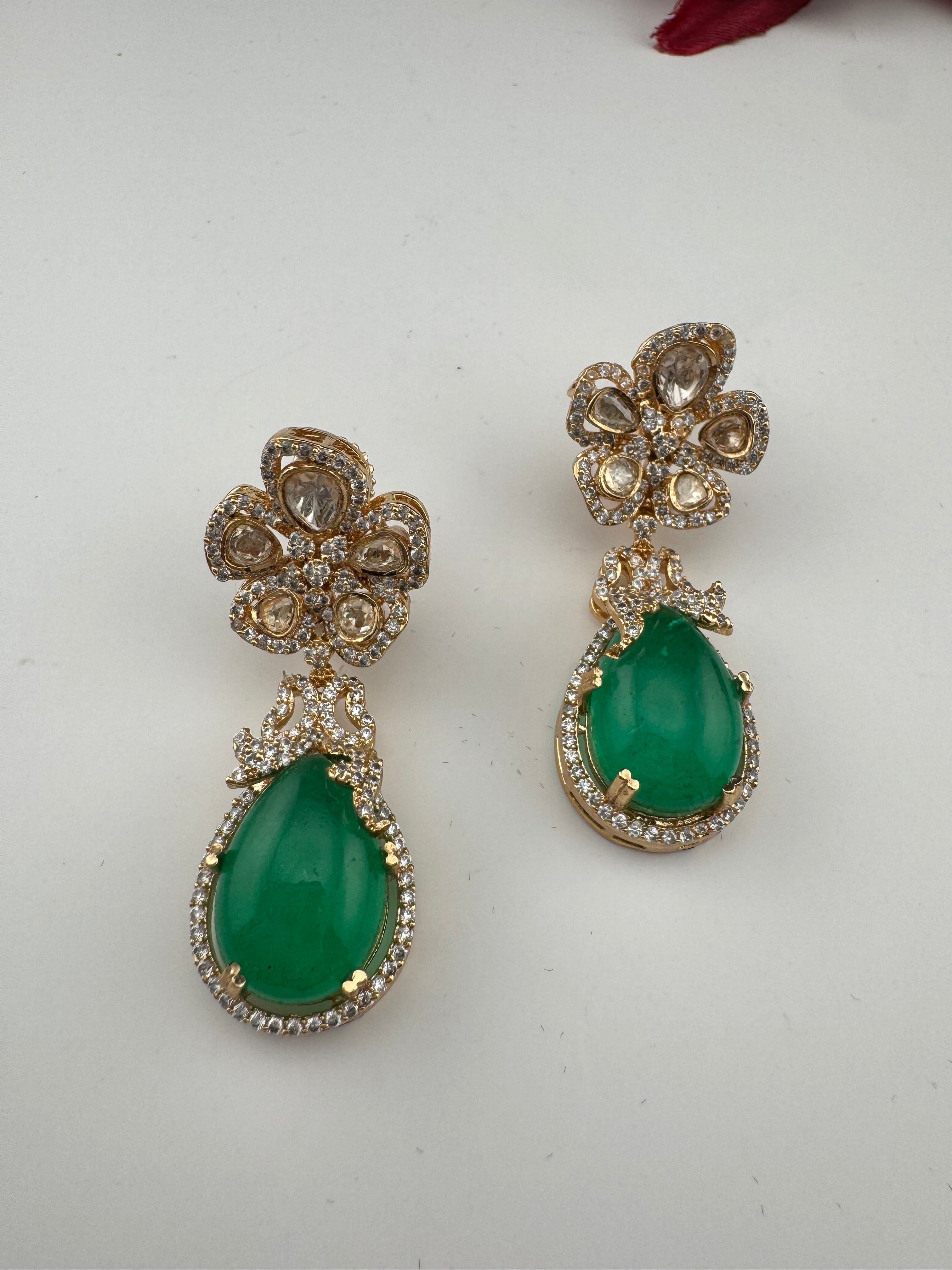 Green and Gold Kundan, Doublet Stone Chandelier Drop Earrings, Bridal, Moissanite, CZ, Designer jewelry