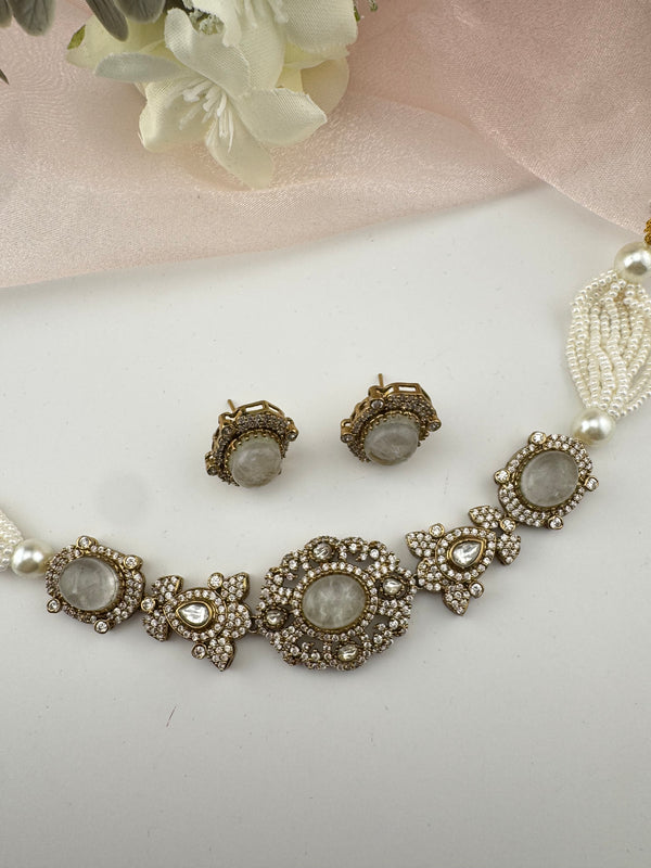 Moissanite Kundan, Pearls, CZ, Stones Choker necklace set, Indian Bridal Jewelry, chic set