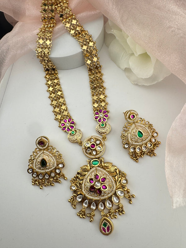 Rajwadi Kundan Enamel Pearl Gold Necklace Set, Indian Bridal Rani Haar