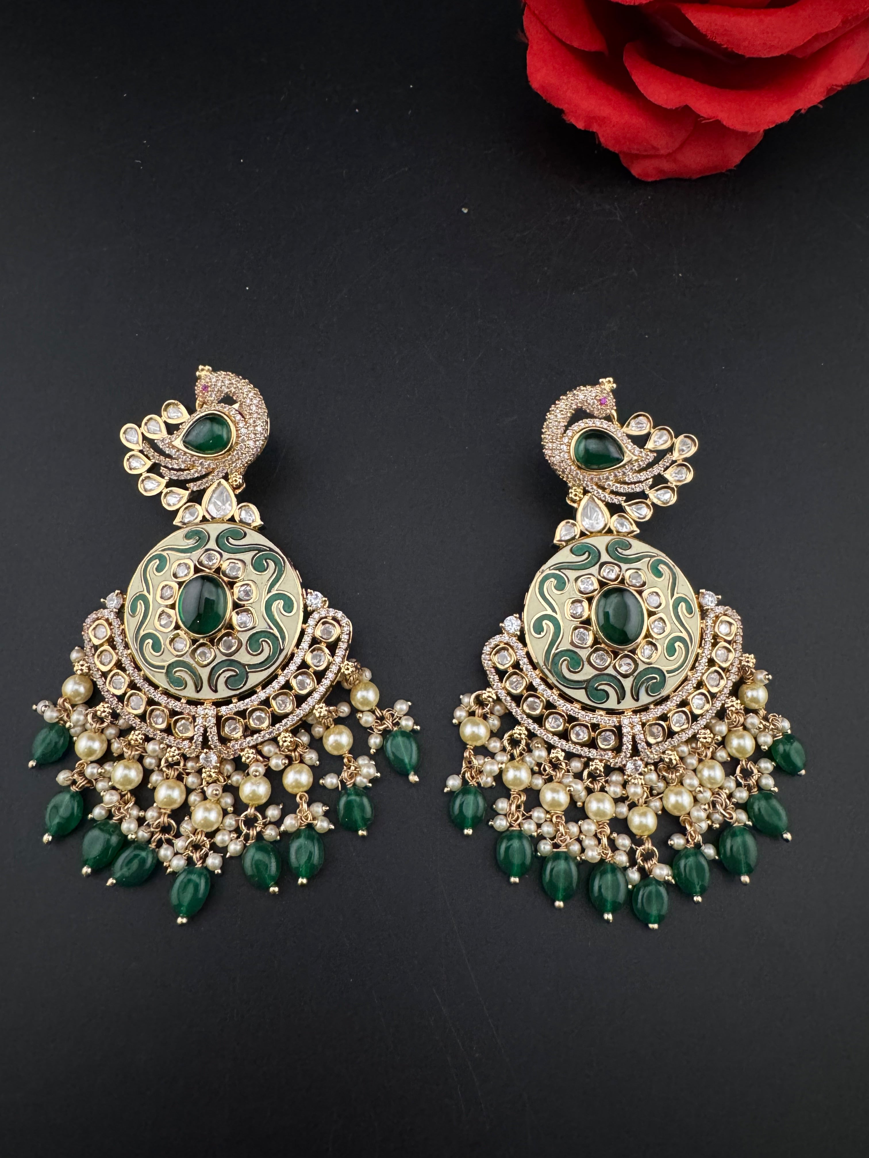 Enamel and Gold Kundan Chandelier Long Earrings, High shine Bridal Moissanite CZ, Designer Earrings