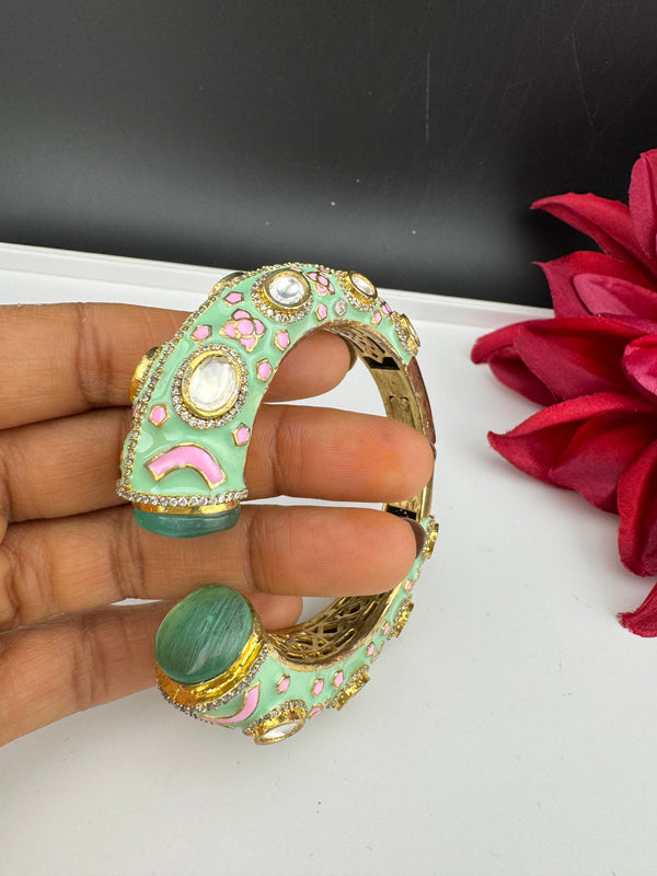 Moissanite Kundan, Enamel, CZ Adjustable Bracelet Bangle Kada, Gold Polish Designer Bangle