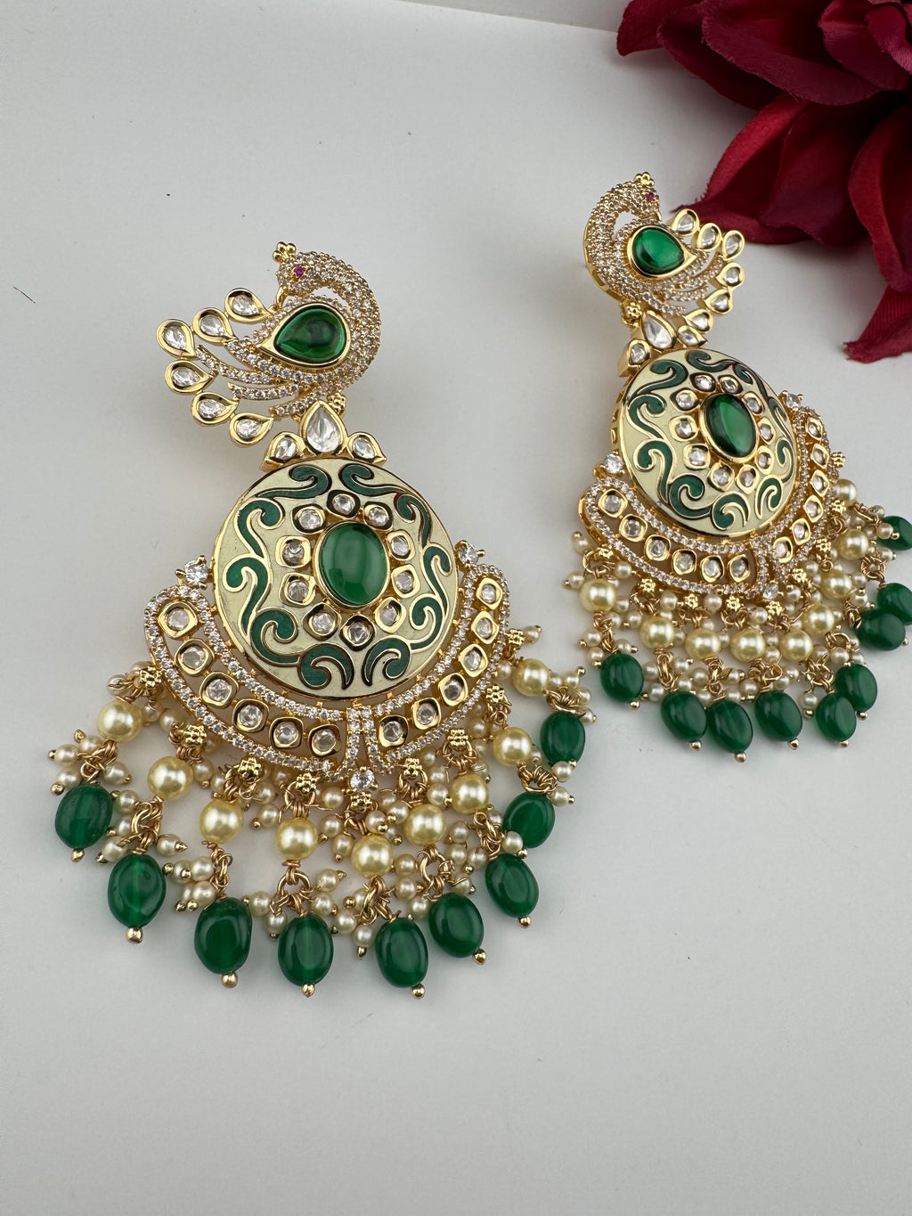 Enamel and Gold Kundan Chandelier Long Earrings, High shine Bridal Moissanite CZ, Designer Earrings
