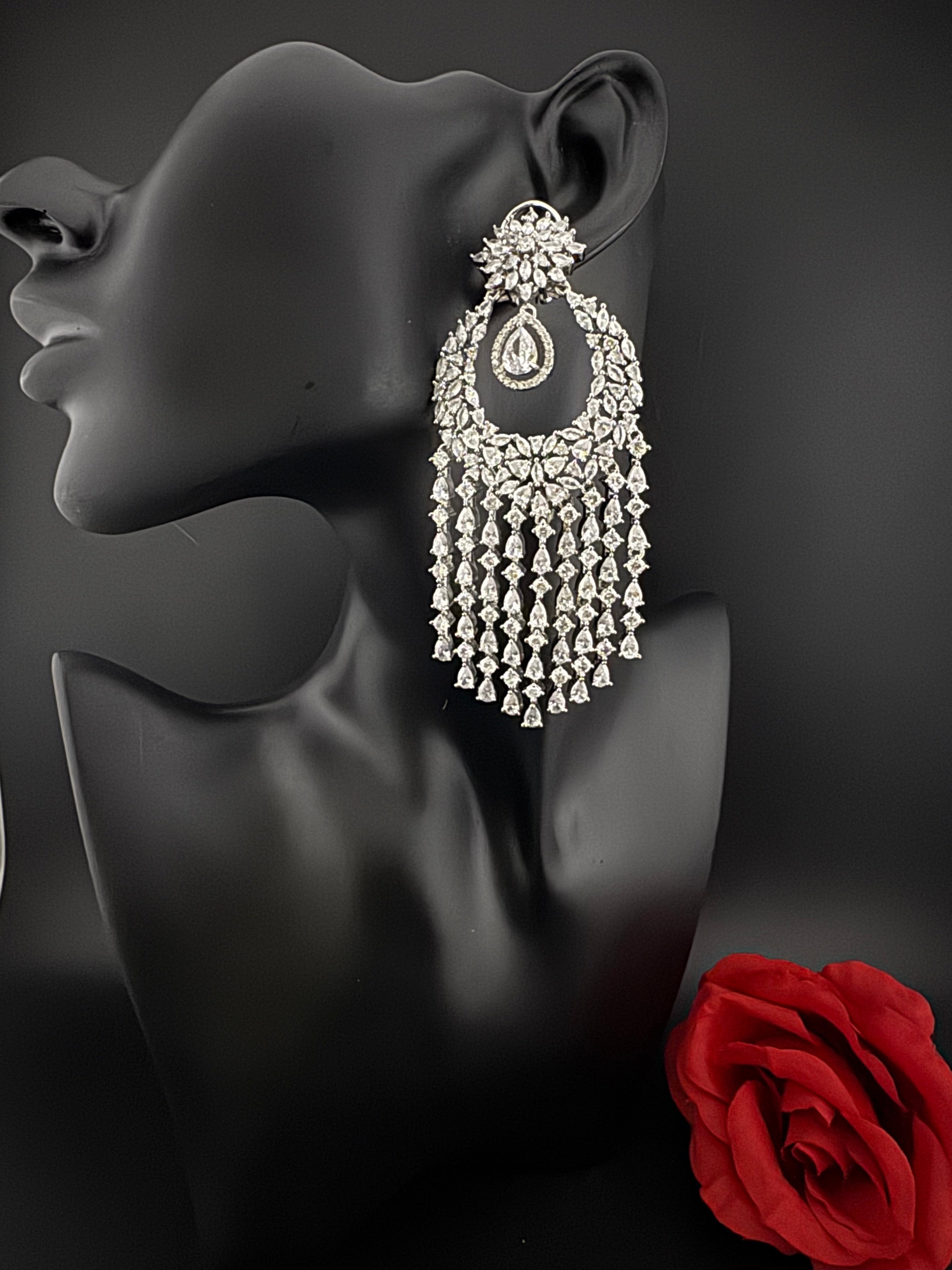 Premium Cubic Zirconia Chandelier Oversized earrings is designer Inspired, Statement Long earring, Bridal, Party, Wedding jewelry,