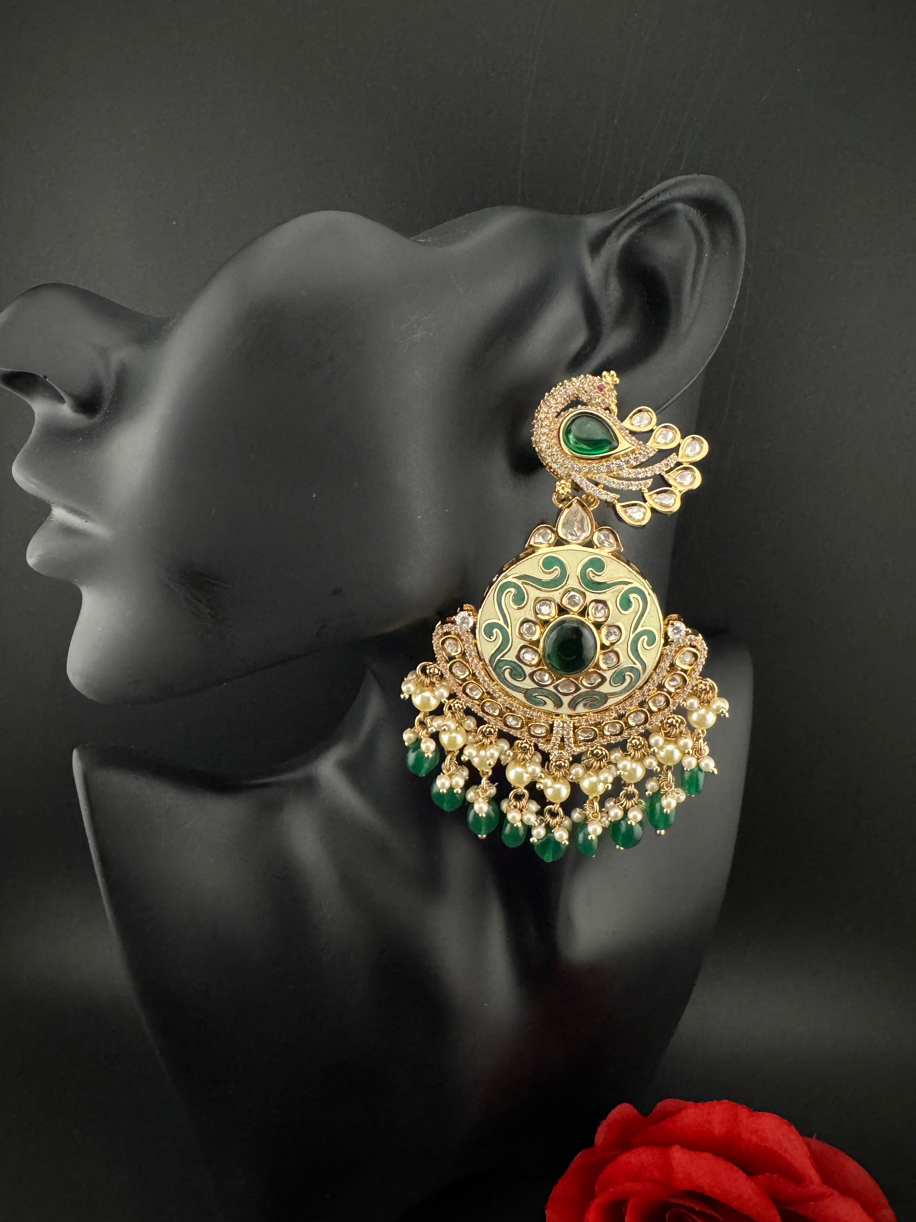 Enamel and Gold Kundan Chandelier Long Earrings, High shine Bridal Moissanite CZ, Designer Earrings