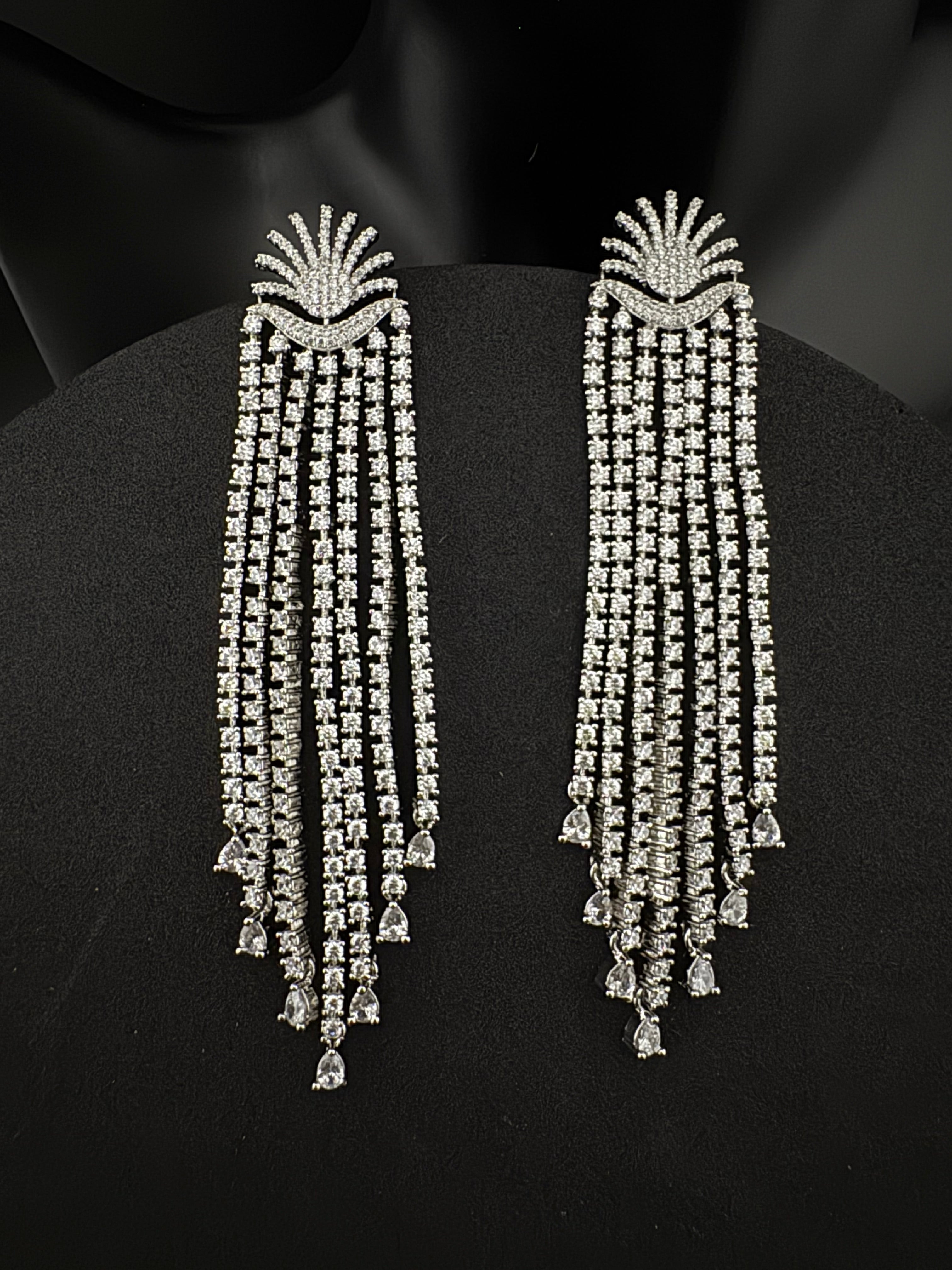 Premium Cubic Zirconia Chandelier extra long earrings, sun style long CZ tassel, Statement Long earring, Bridal, Party, Wedding jewelry