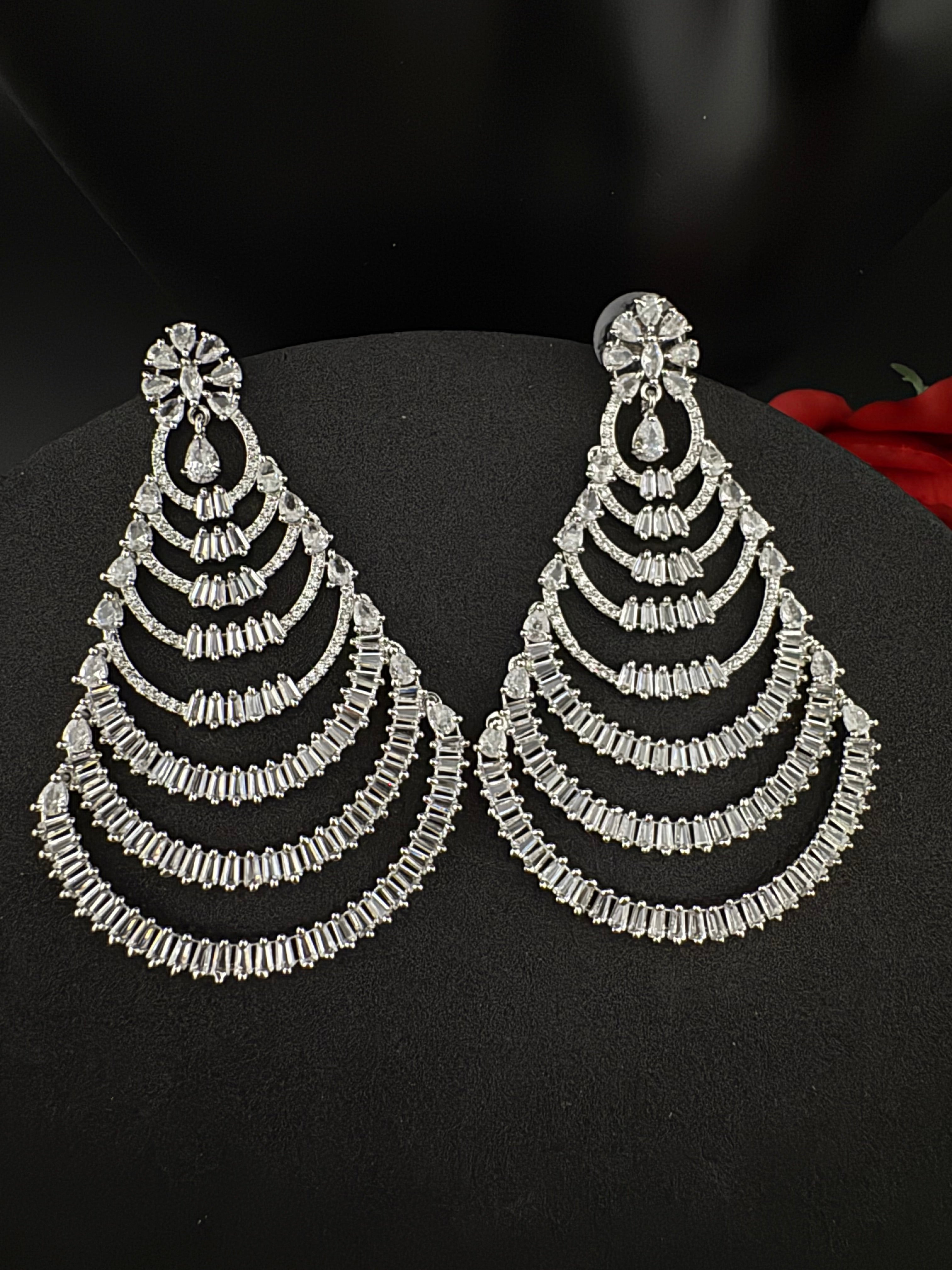 Premium Cubic Zirconia silver Chandelier Oversized earrings is designer Inspired, Statement Long earring, Bridal, Party, Wedding jewelry,