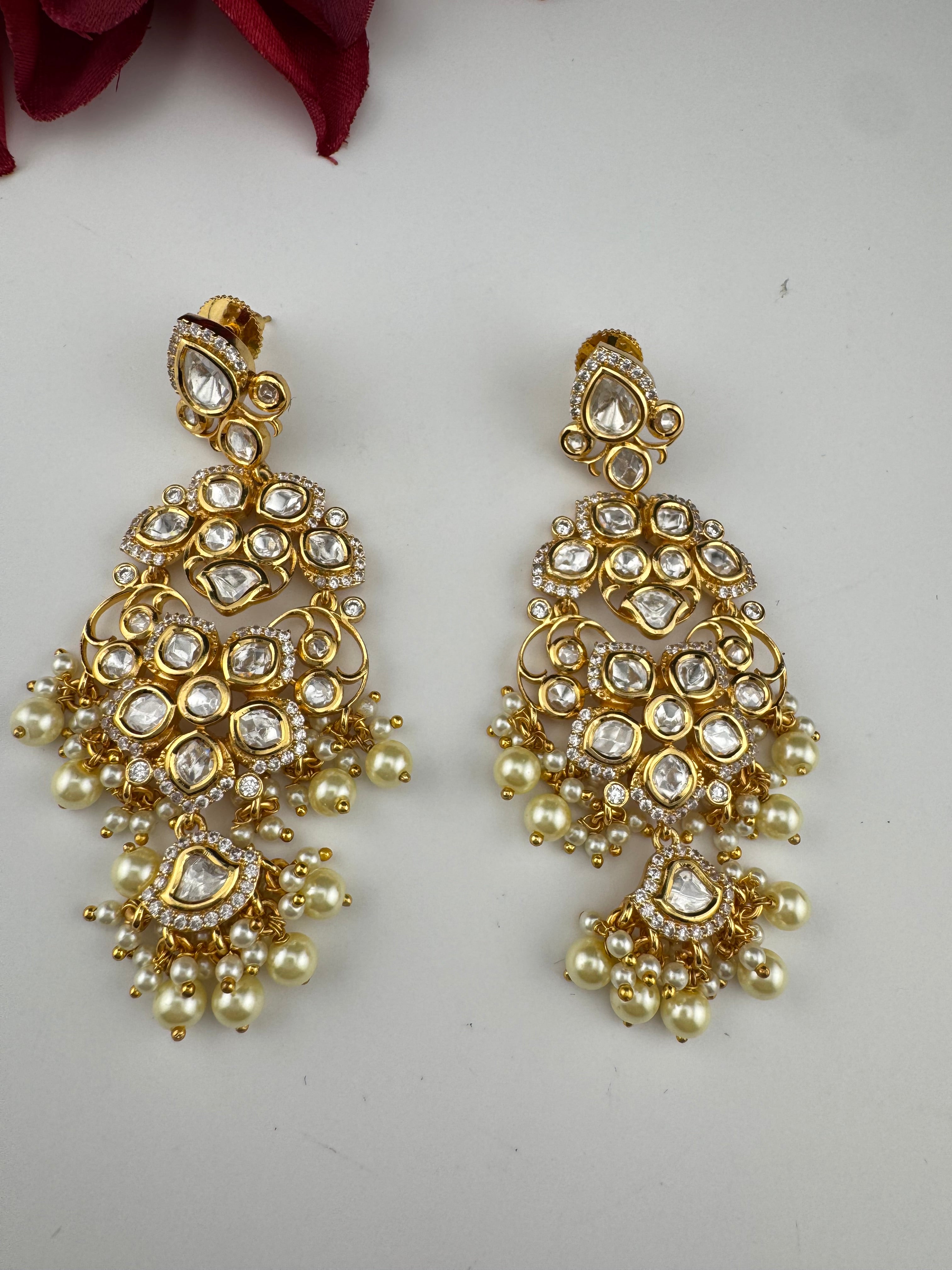 White and Gold Kundan, Pearls Chandelier Earrings, High shine Bridal, Moissanite, CZ, Designer jewelry