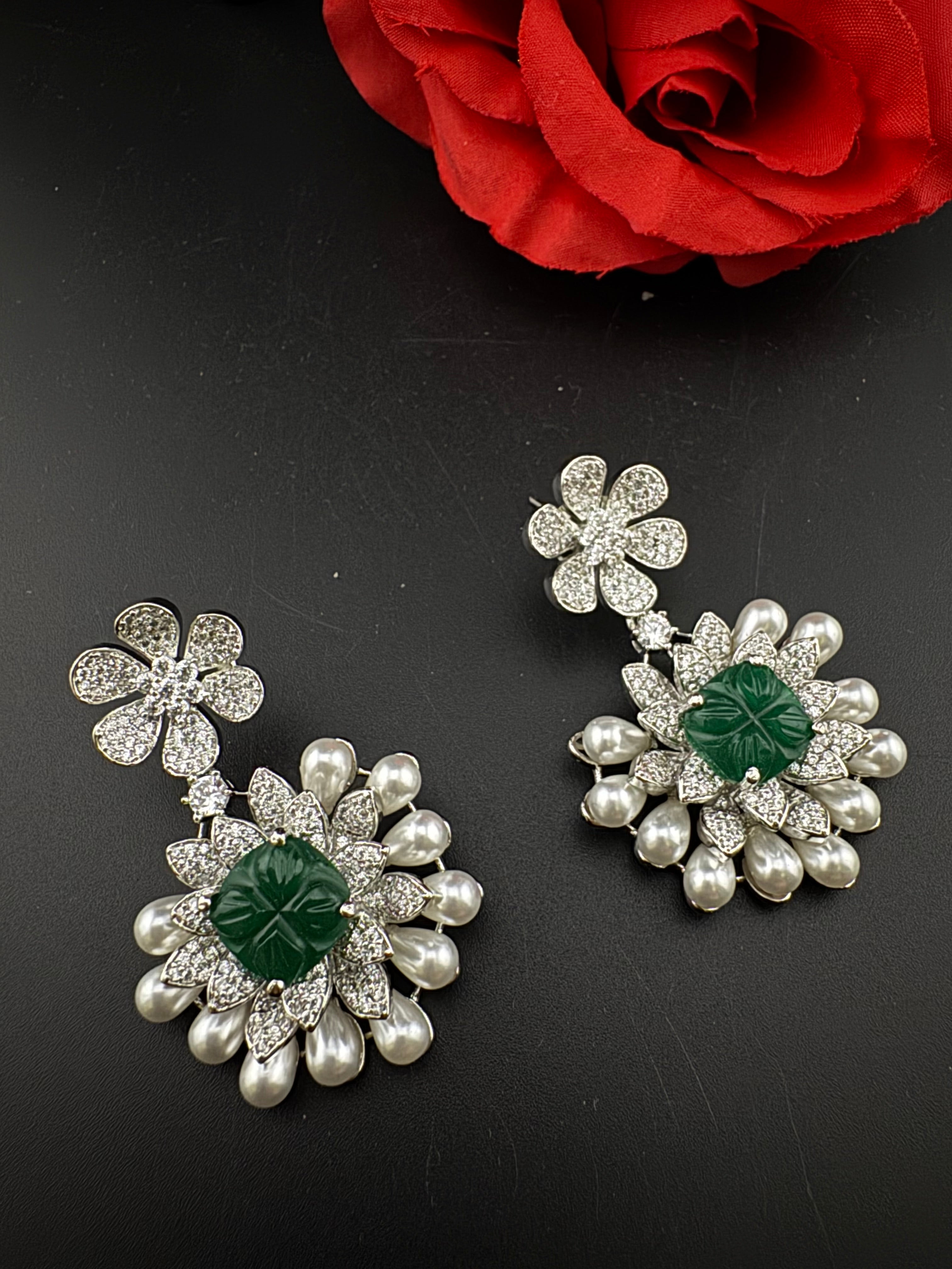 Premium Nano Setting Cubic Zirconia Carved Stone Pearls Drop earrings in unique 3D shape, stylish, Statement earring/Bridal Bridesmaid gift