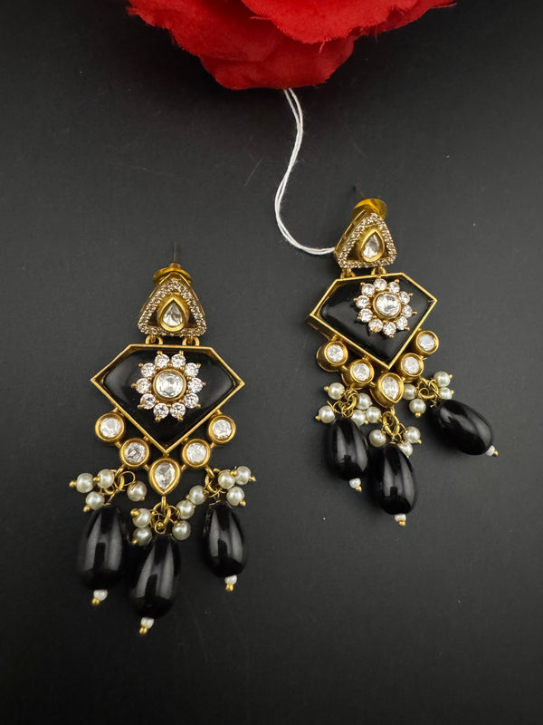 Gold Kundan, CZ, Stone, Pearls Chandelier Drop Earrings, Bridal Designer jewelry