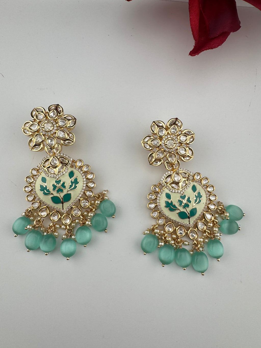 Enamel and Gold Kundan Chandelier Long Earrings, High shine Bridal Moissanite CZ, Designer Earrings