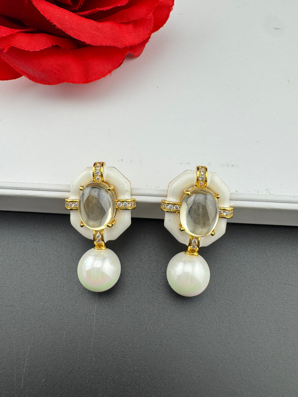 Designer inspired Enamel and Stone Pearls drop earrings, Statement jewelry, Indian Jewelry, Drop and Studs earrings, Bridesmaid Gift