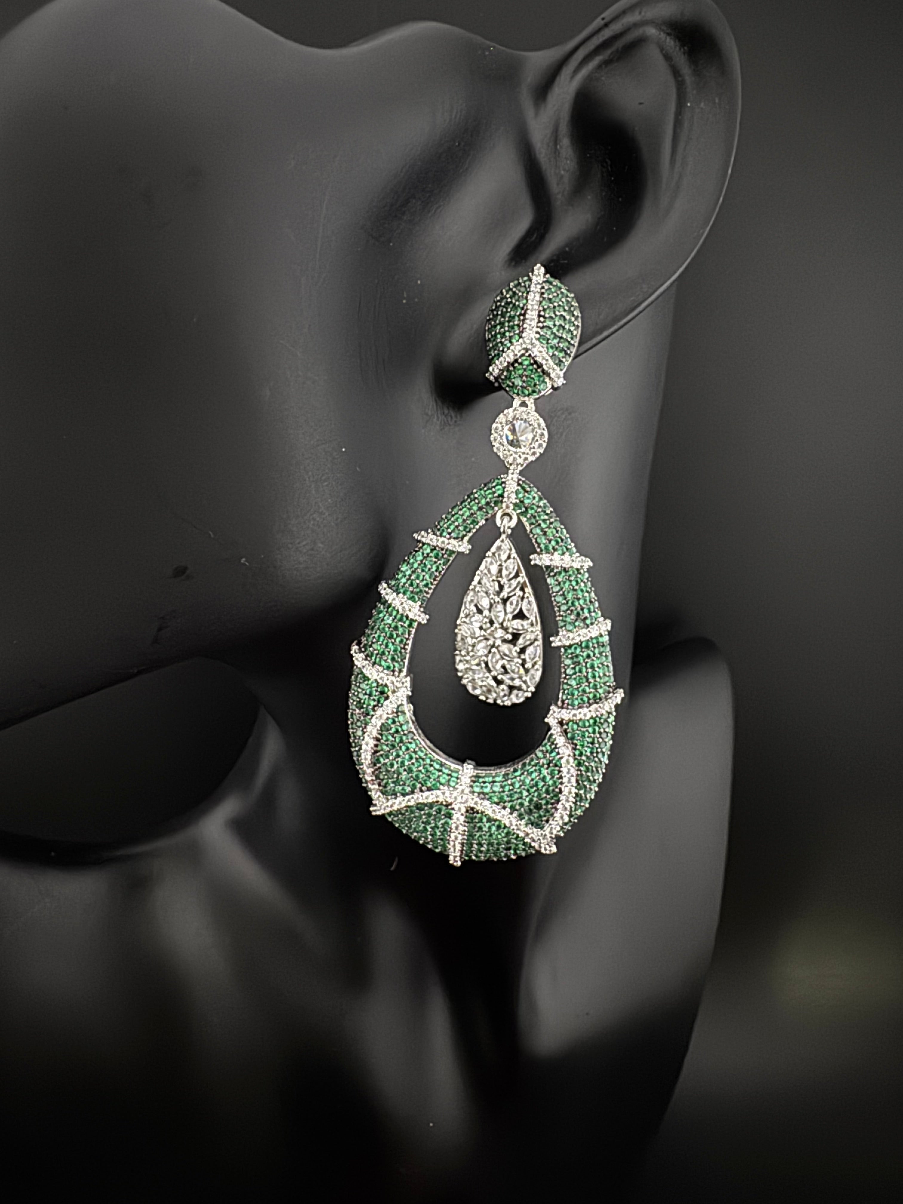 Premium Nano Setting Cubic Zirconia Long earrings in Drop shape, stylish, designer Inspired Statement long earring/Bridal Bridesmaid earring