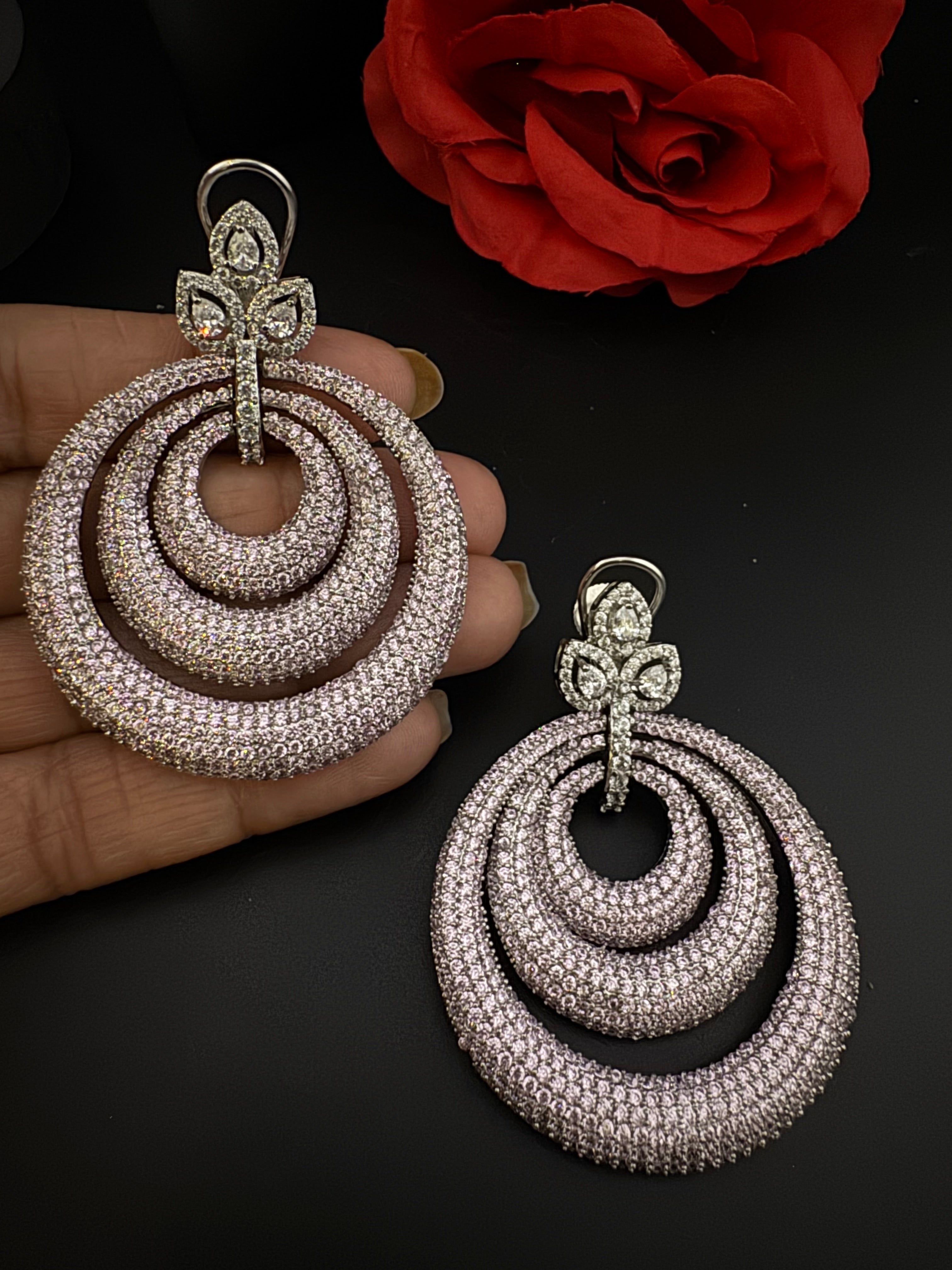 Premium Nano Setting of Cubic Zirconia in silver is designer Inspired Statement Oversized Circular Dangle earring/Bridal/bridesmaid gift