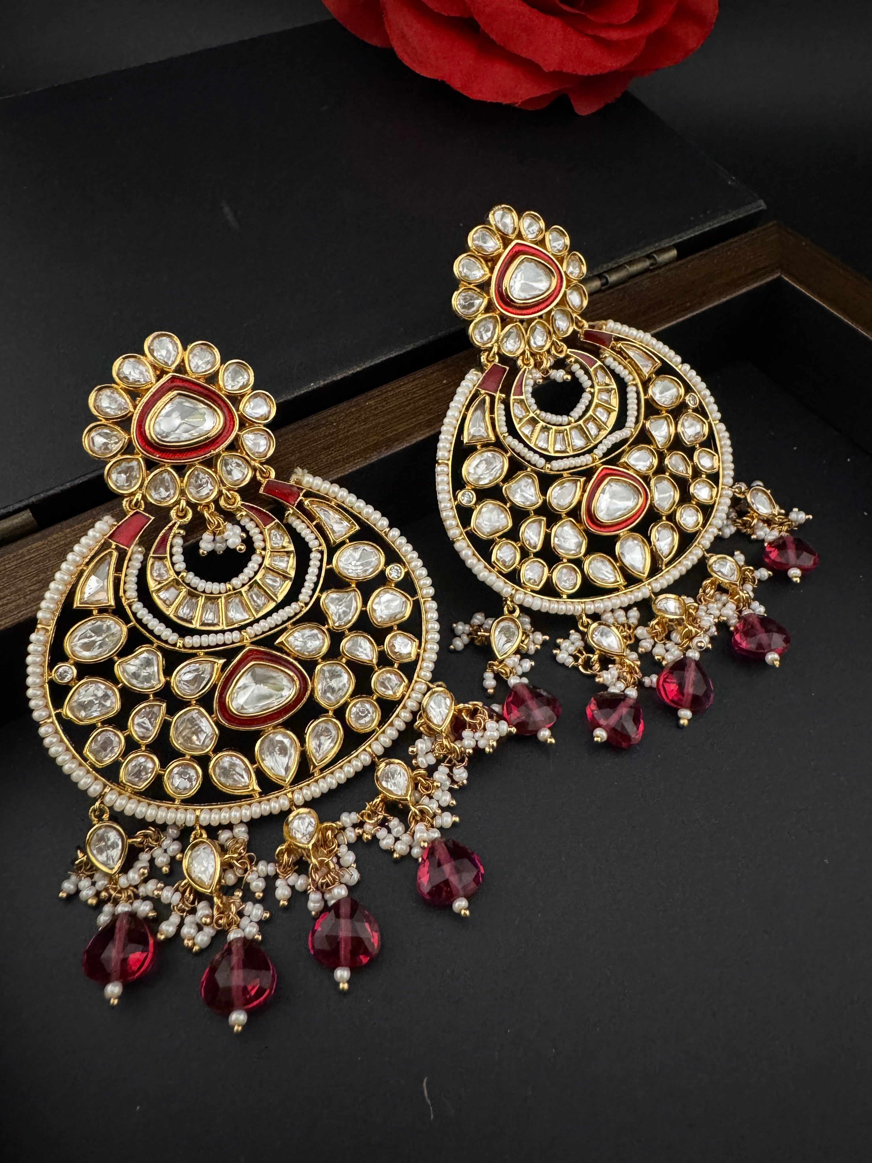 Red and Gold Kundan Chandelier Earrinngs, High shine Bridal Moissanite CZ, Shiney Gold Designer