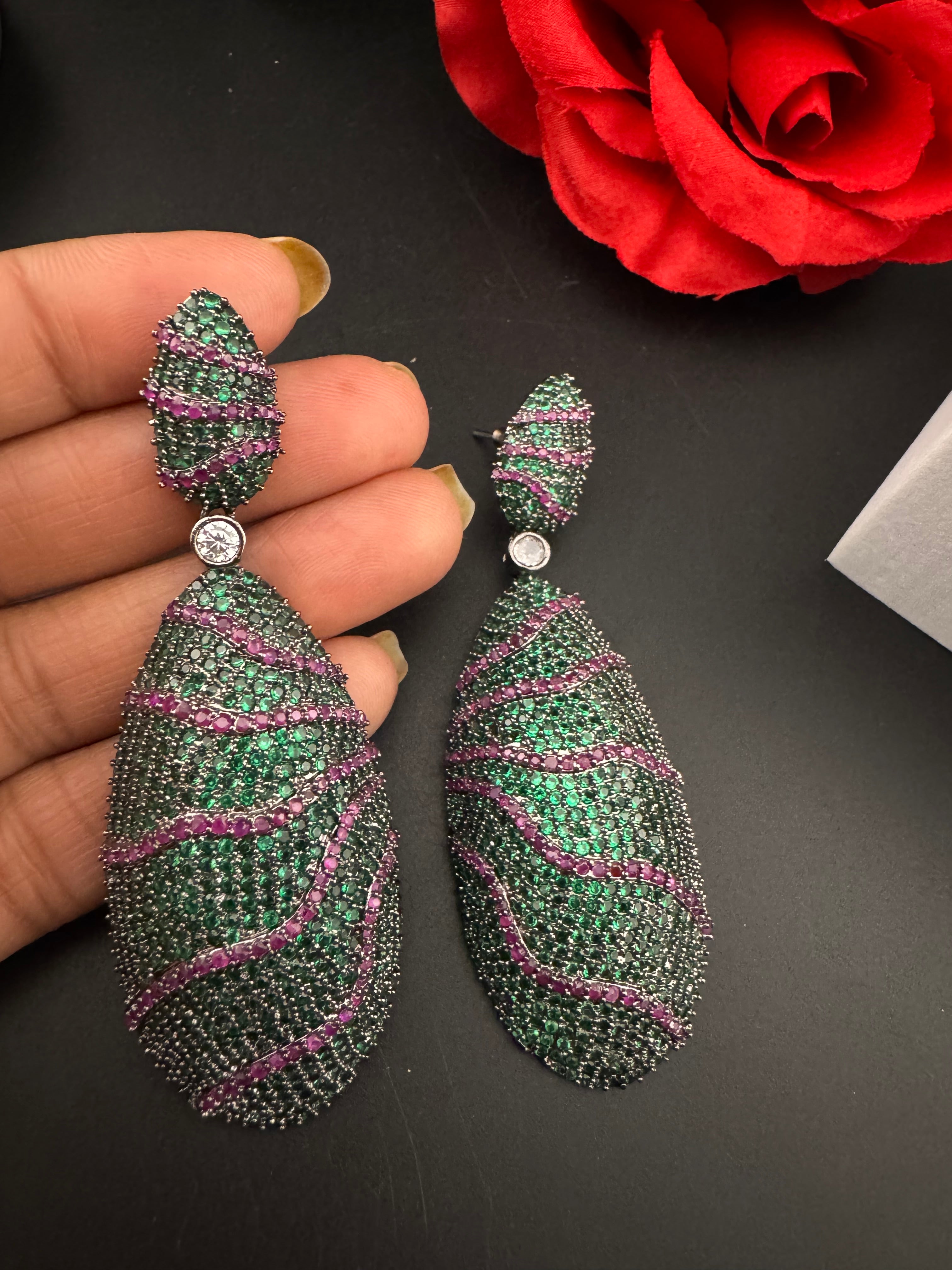 Premium Nano Setting Cubic Zirconia Victorian Long earrings in Dangle Drop shape, designer Inspired Statement long drop dangle earrings