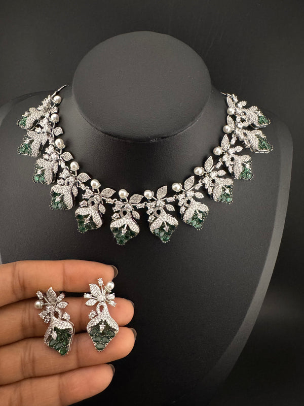 CZ Diamond Statement sleek Necklace Set, White Gold Plated Choker, 3D nature inspired