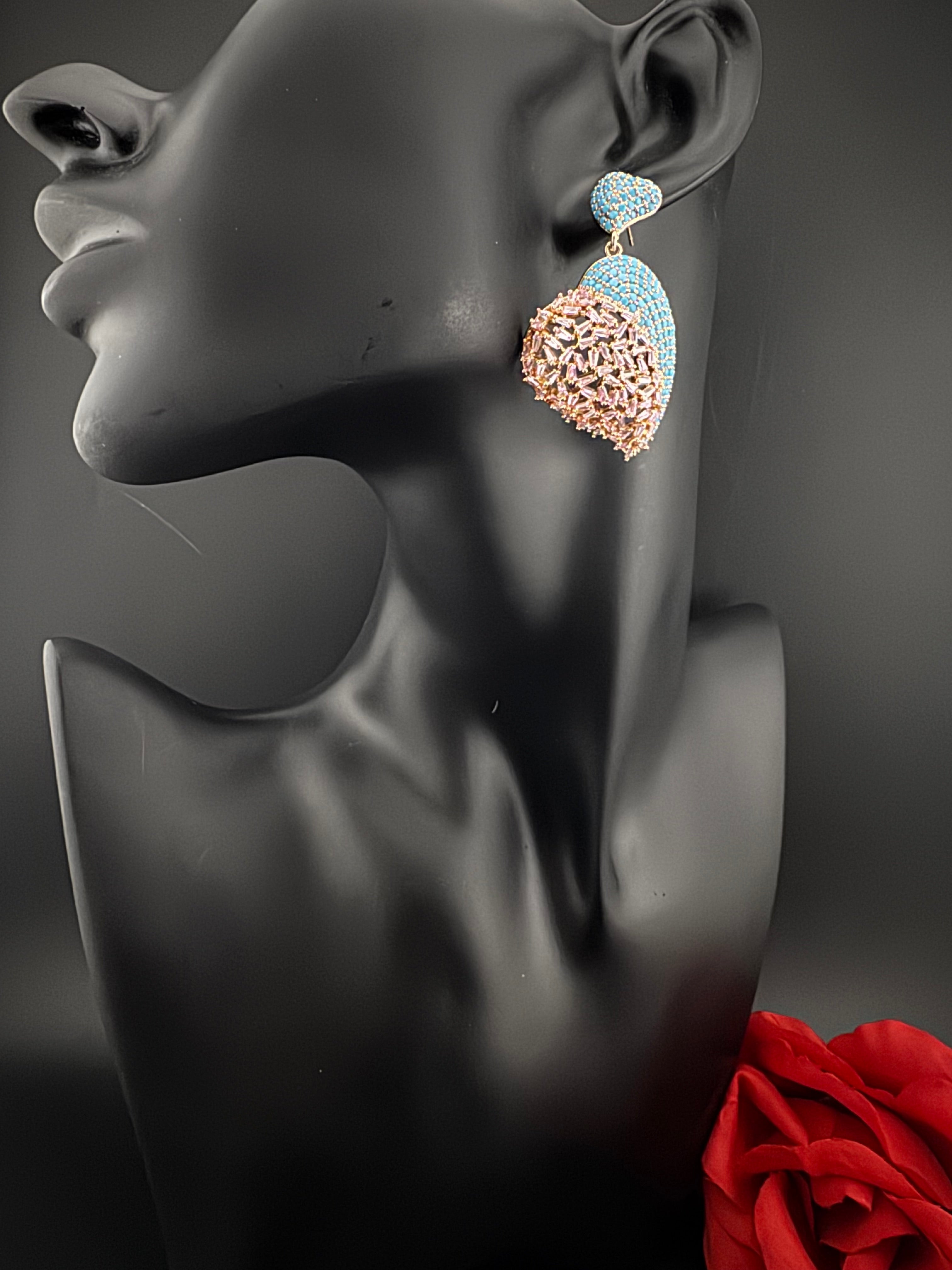 Premium Nano Setting Multicolor Cubic Zirconia, Crystal stones in Unique setting is designer Inspired Statement Heart shaped earrings