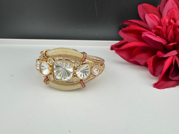 Moissanite Kundan, MOP, CZ Adjustable Bracelet Bangle, Gold Polish Designer Bangle