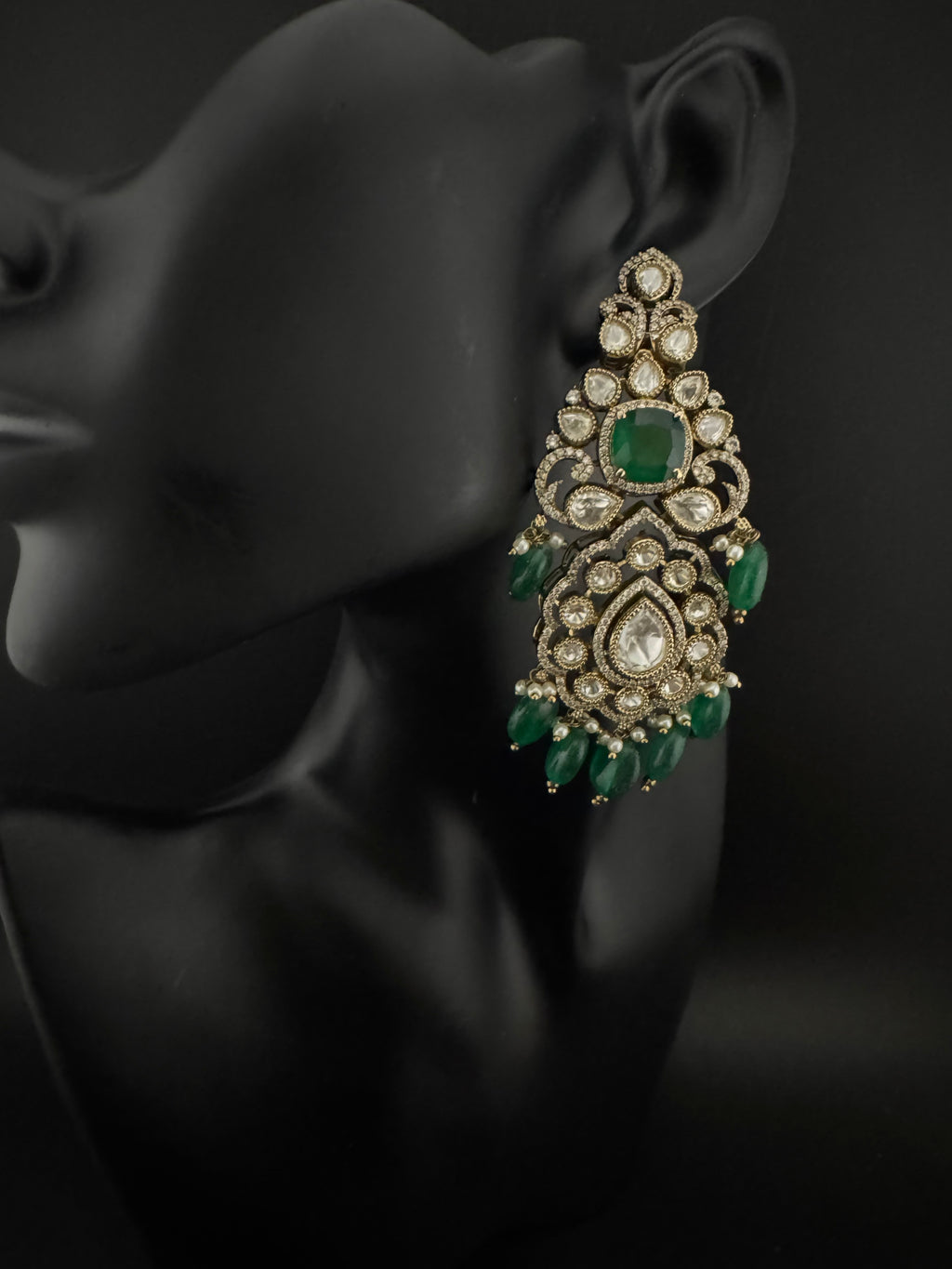 Green and Gold Kundan, Pearls Chandelier Long Earrings, Bridal, Moissanite, CZ, Designer jewelry