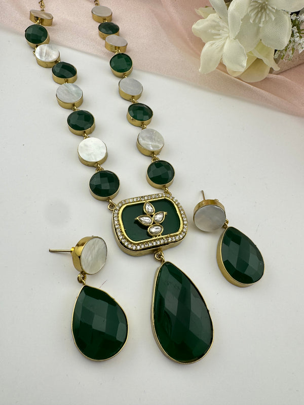 Kundan, CZ, MOP, Stone inlay Long Golden necklace set, Rani haar, everyday wear jewelry