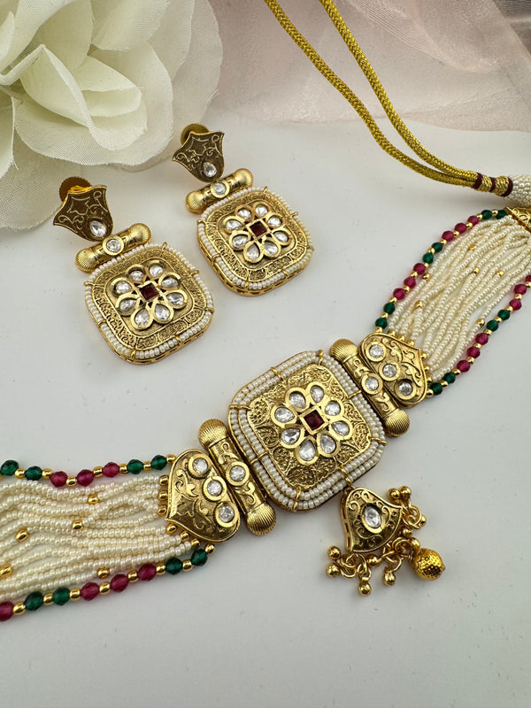 Rajwadi Choker necklace set with earrings, in kundan, pearls, hydro beads, Indian Bridal Jewelry set