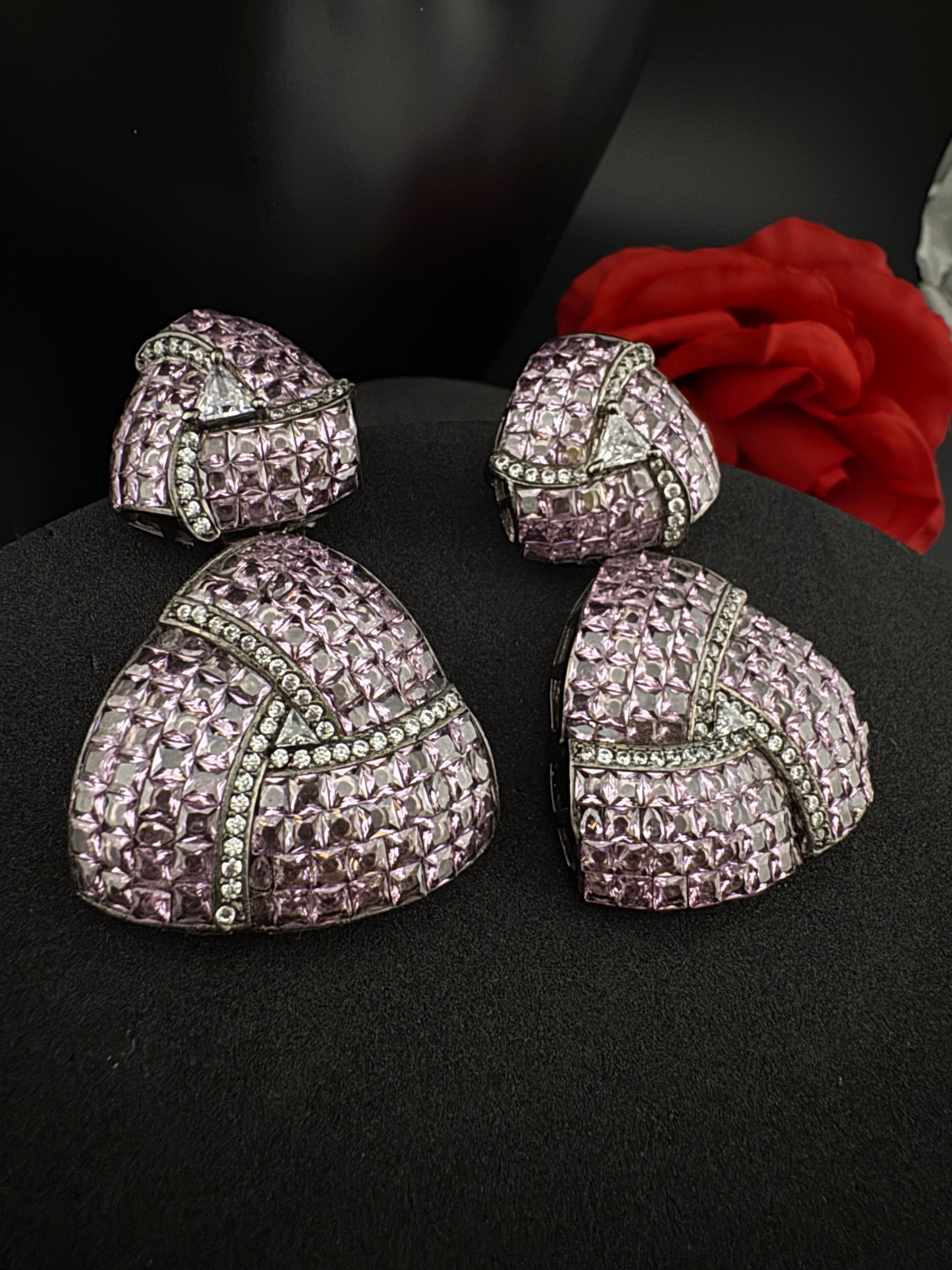 Premium Nano Setting Cubic Zirconia, Lavender Crystal stones in Unique setting is Victorian stylish designer Inspired Statement long earring