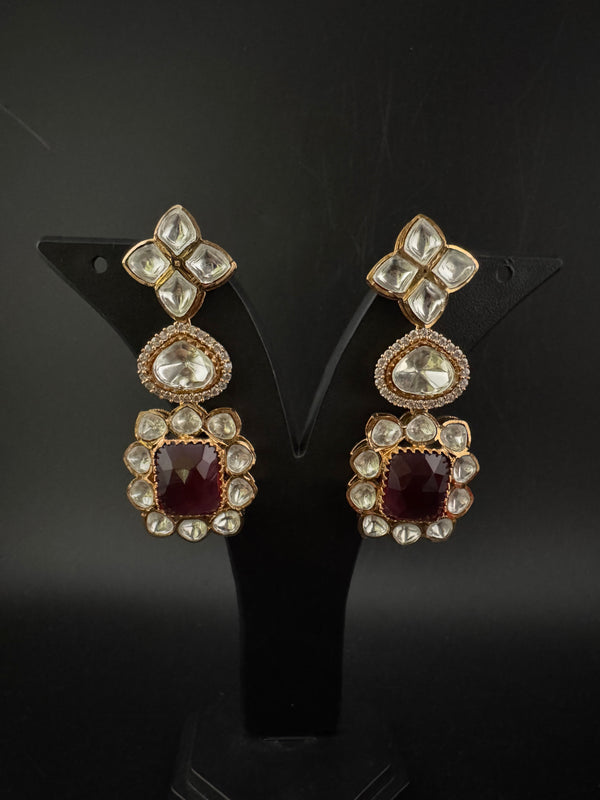 Red and Gold Kundan, Stone Chandelier Drop Earrings, Bridal, Moissanite, CZ, Designer jewelry